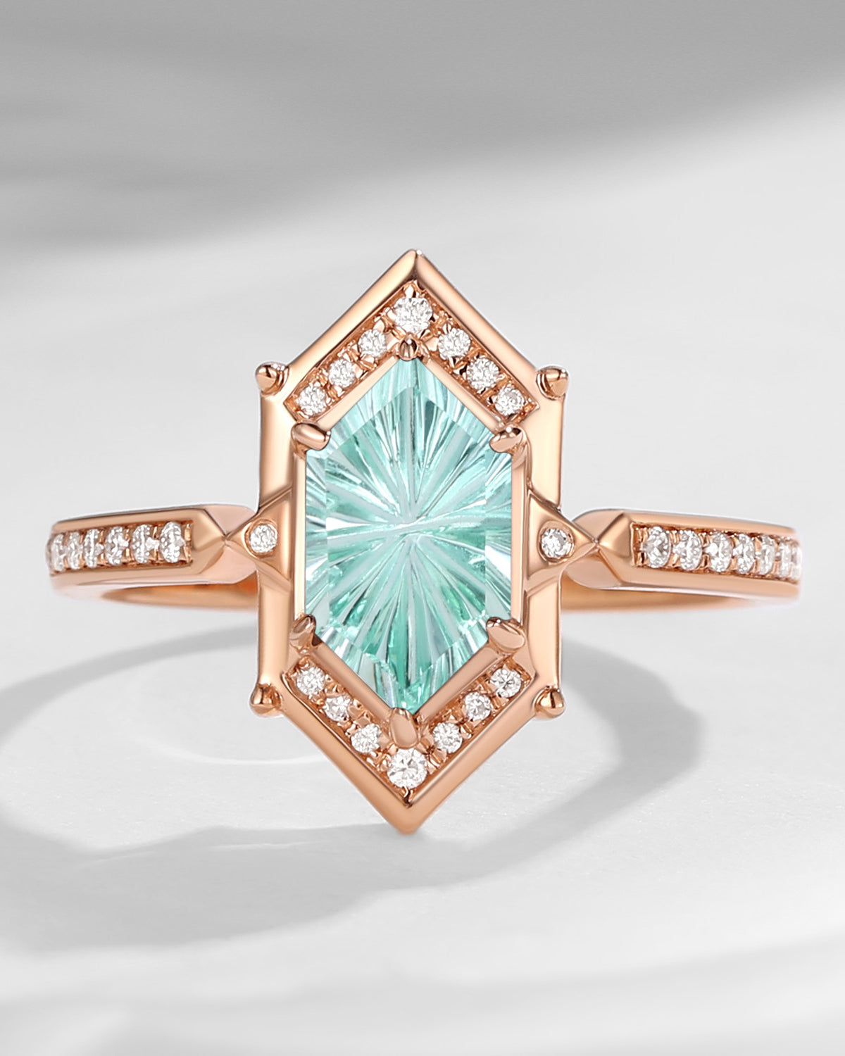 Long Hexagon Firework Cut Lab Mint Sapphire Vintage Engagement Ring