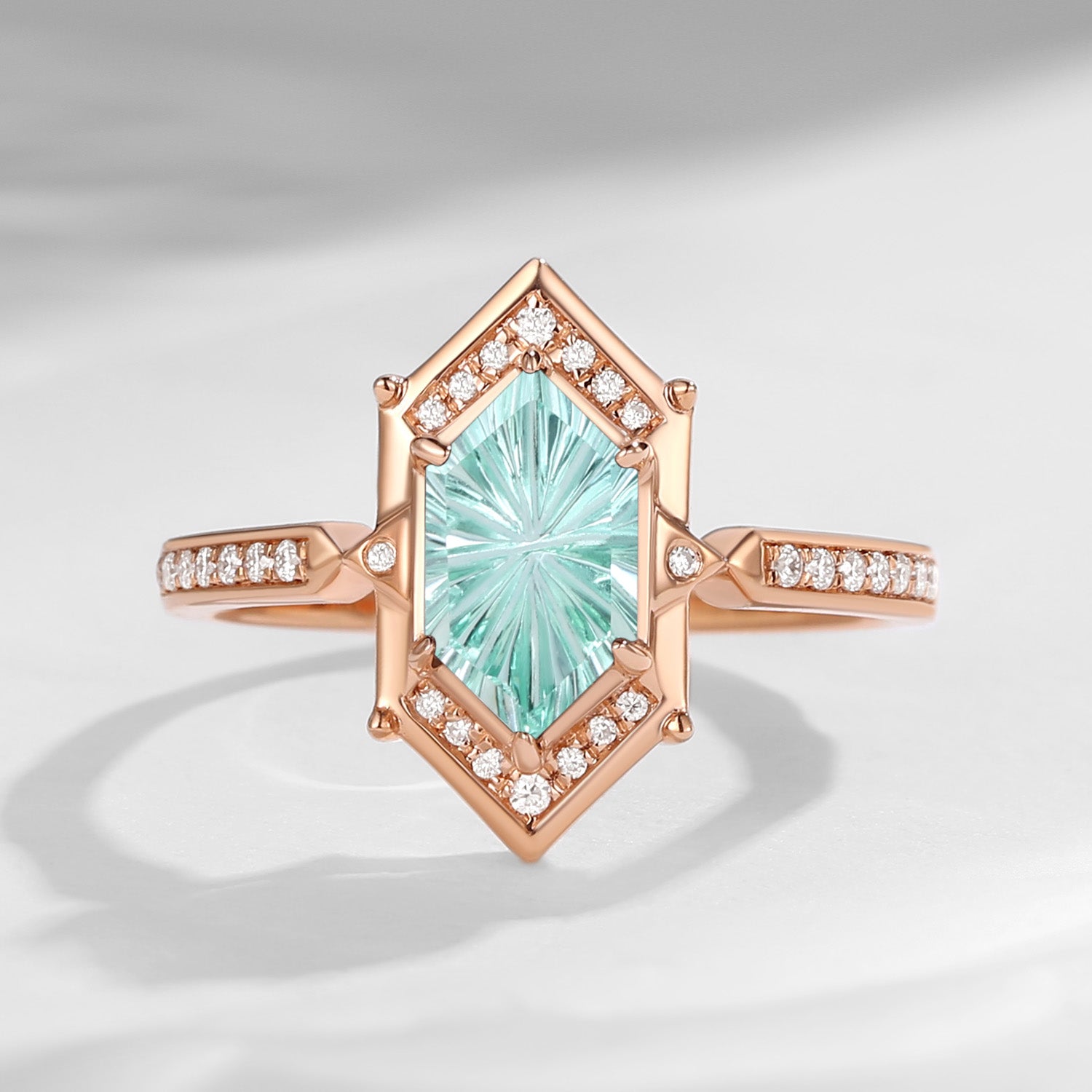 Long Hexagon Firework Cut Lab Mint Sapphire Vintage Engagement Ring