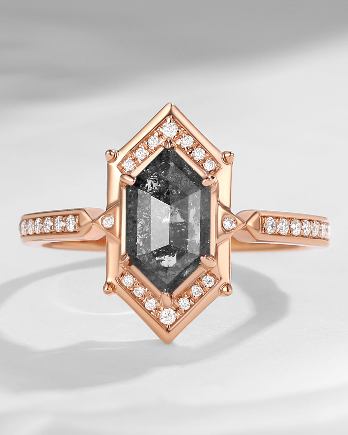 Long Hexagon Salt and Pepper Diamond Vintage Engagement Ring