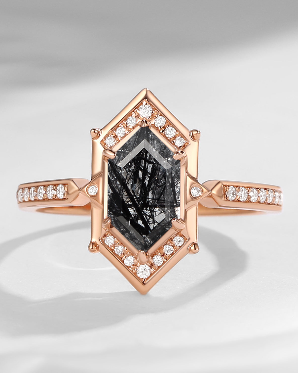 Long Hexagon Black Rutilated Quartz Vintage Engagement Ring