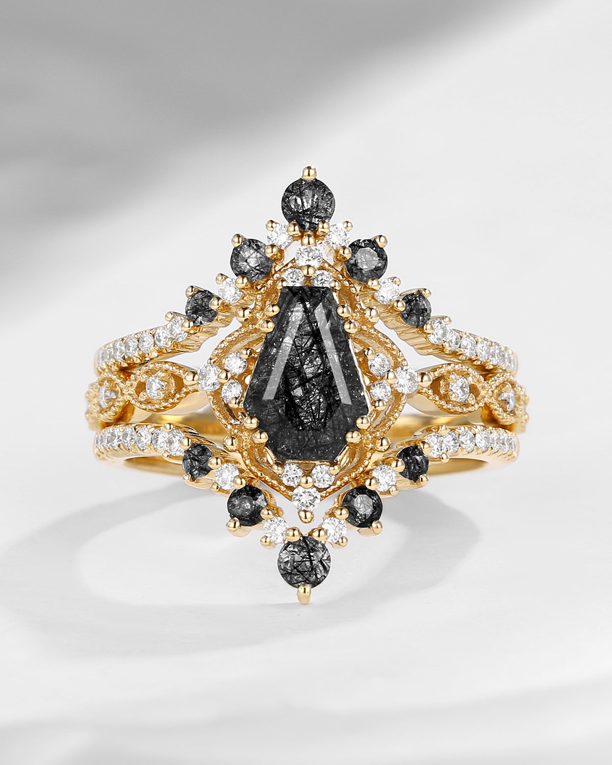 Vintage Inspired Coffin Cut Black Rutilated Quartz Ring Bridal Set 3pcs