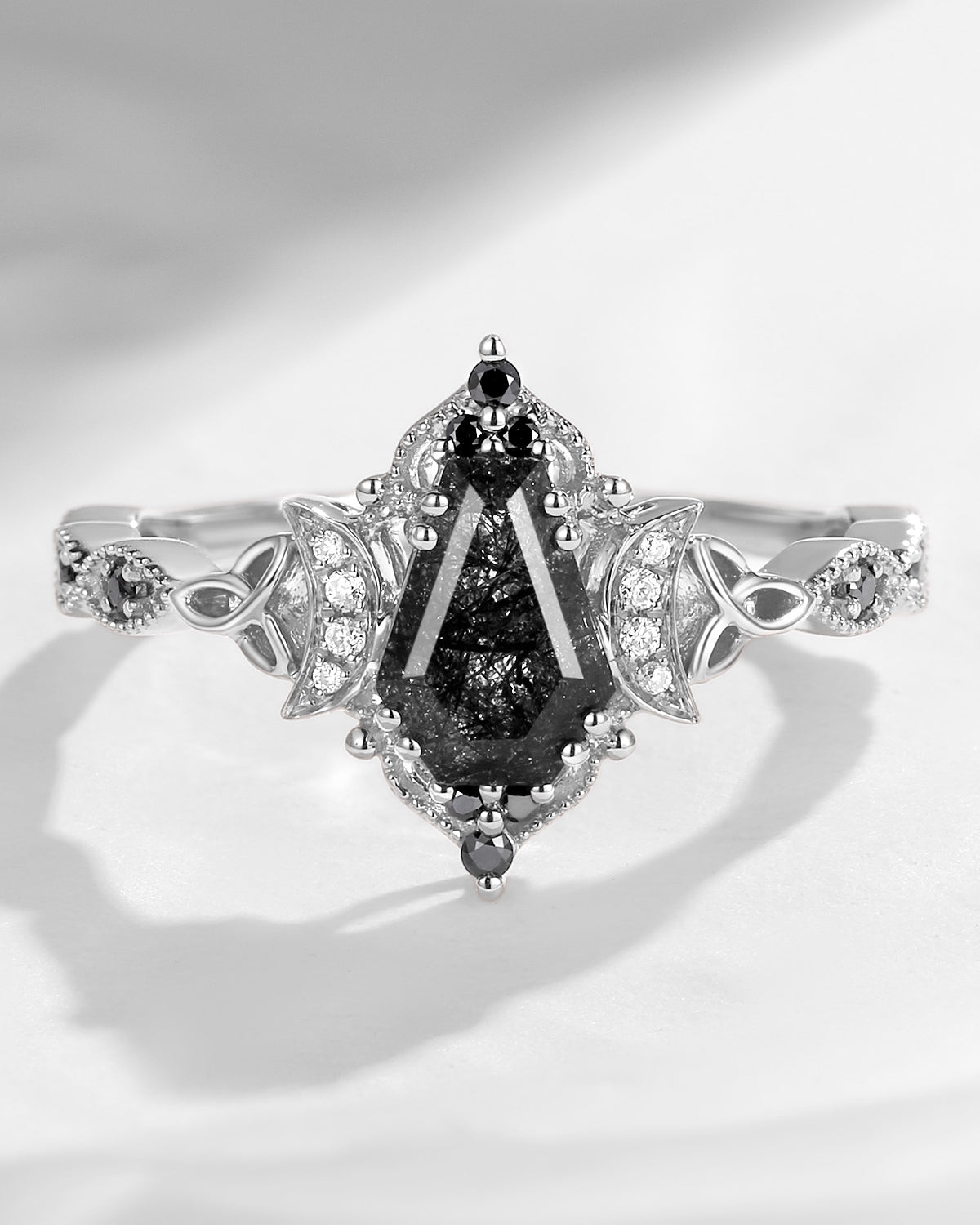 Crescent Moon | Unique Coffin Black Rutilated Quartz Infinity Celtic Engagement Ring