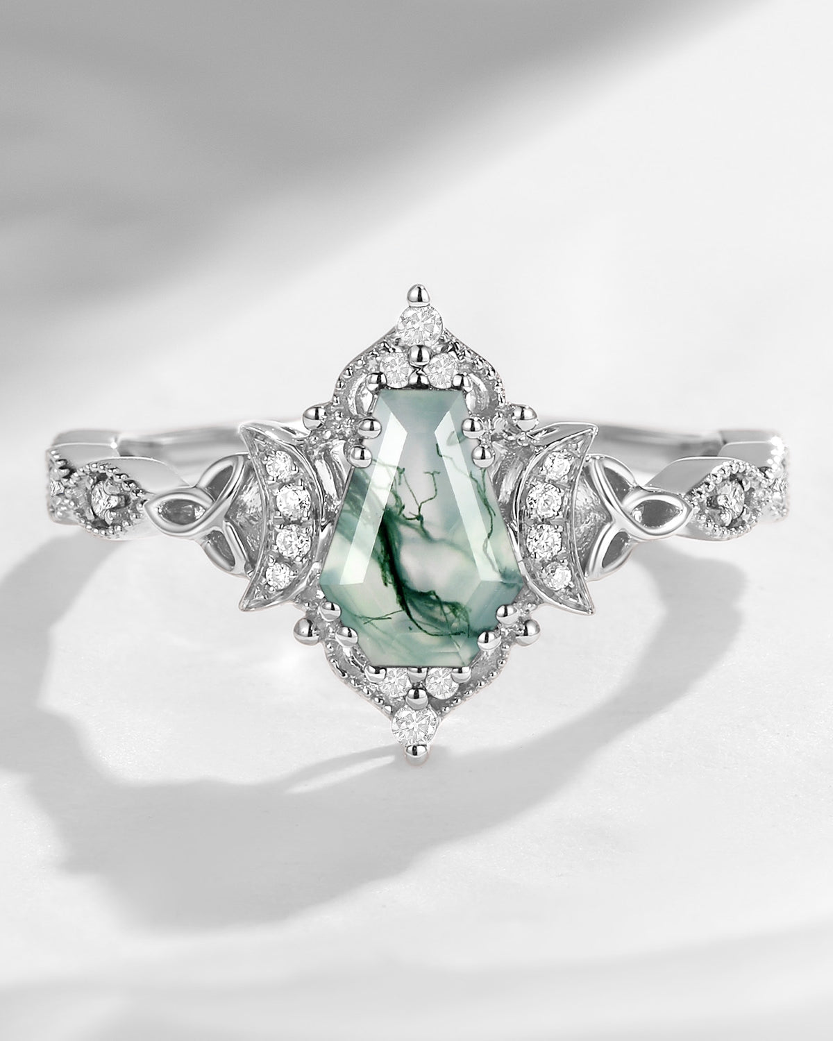 Crescent Moon | Unique Coffin Moss Agate Infinity Celtic Engagement Ring