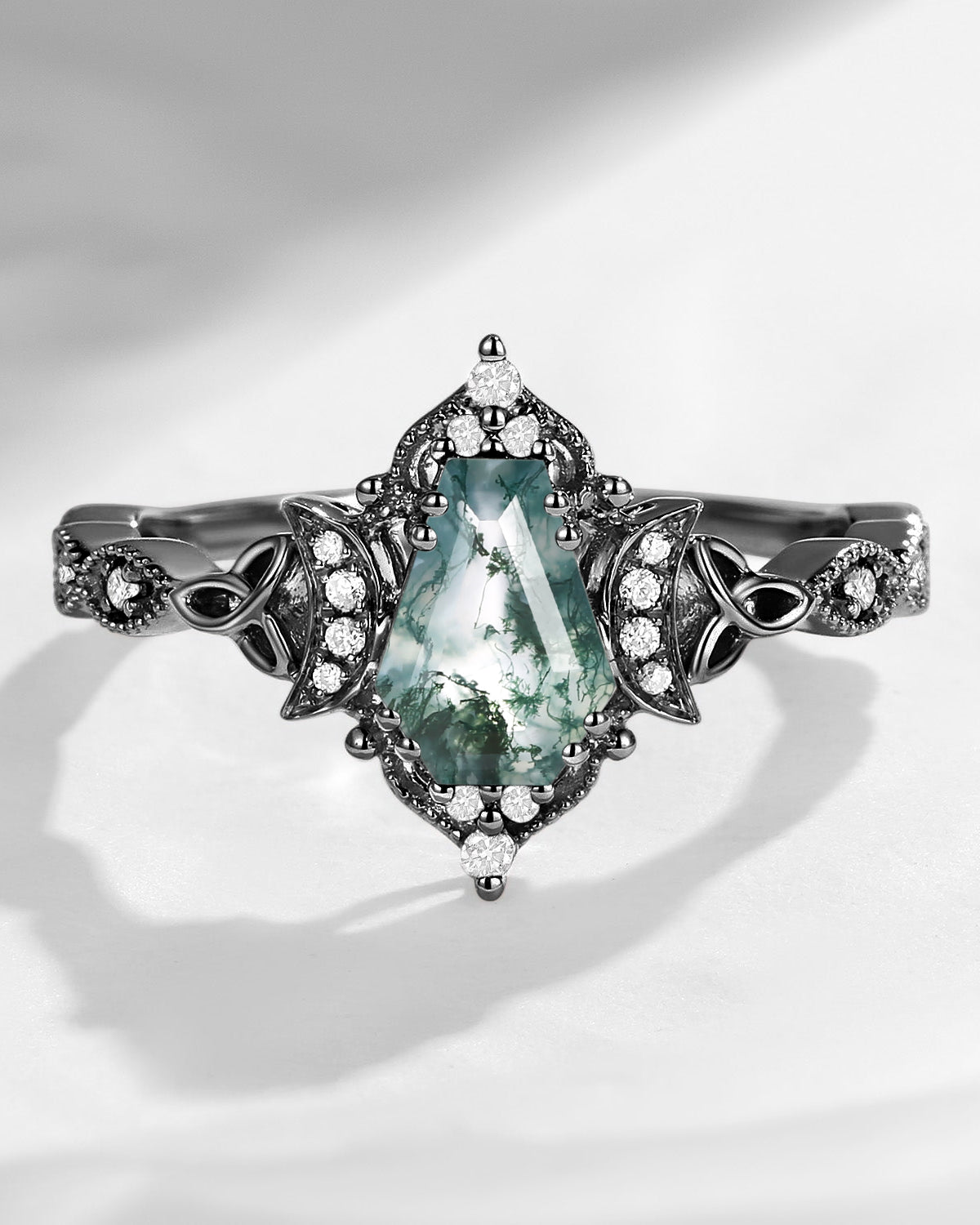 Crescent Moon | Unique Coffin Moss Agate Infinity Celtic Black Gold Engagement Ring