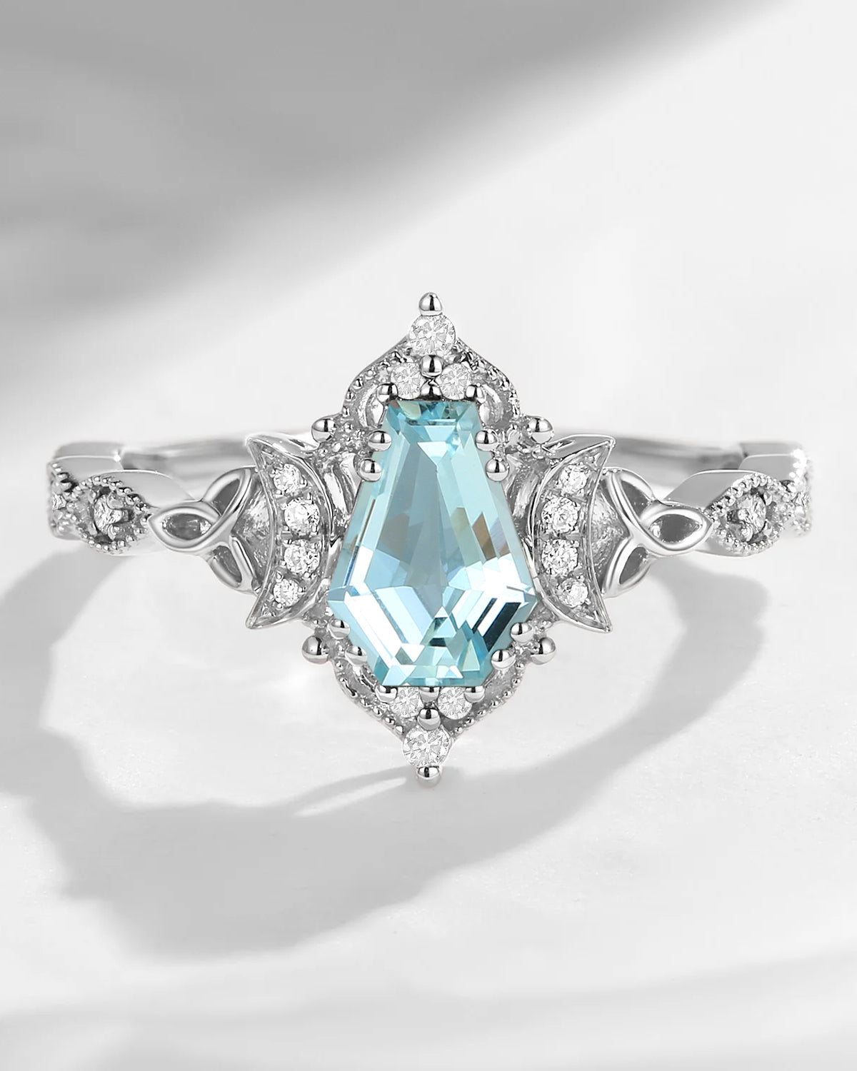 Crescent Moon | Unique Coffin Natural Aquamarine Celtic Engagement Ring