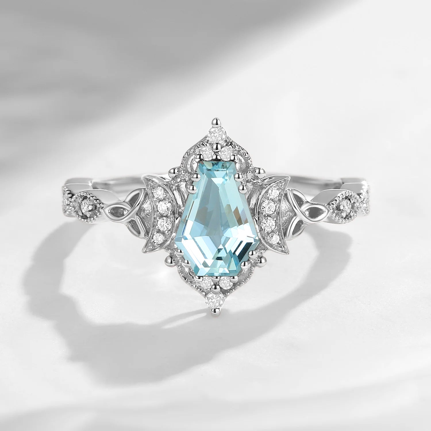 Crescent Moon | Unique Coffin Natural Aquamarine Celtic Engagement Ring