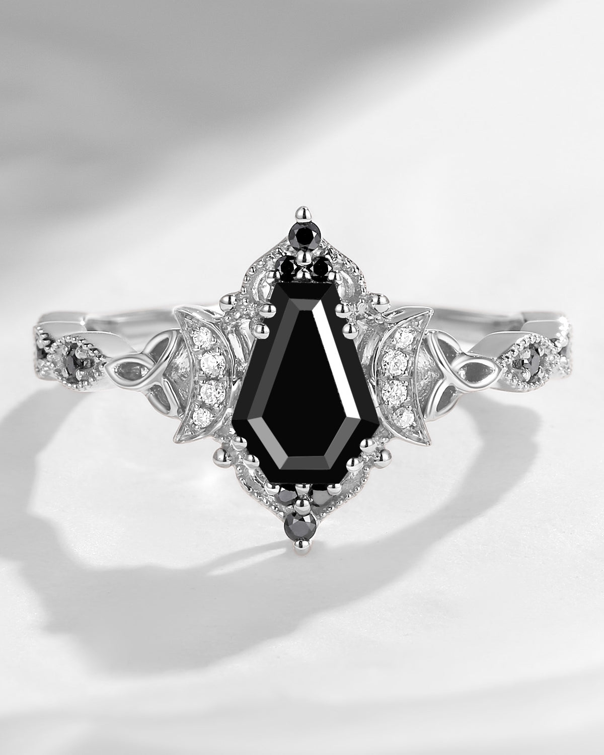 Crescent Moon | Unique Coffin Black Moissanite Infinity Celtic Engagement Ring