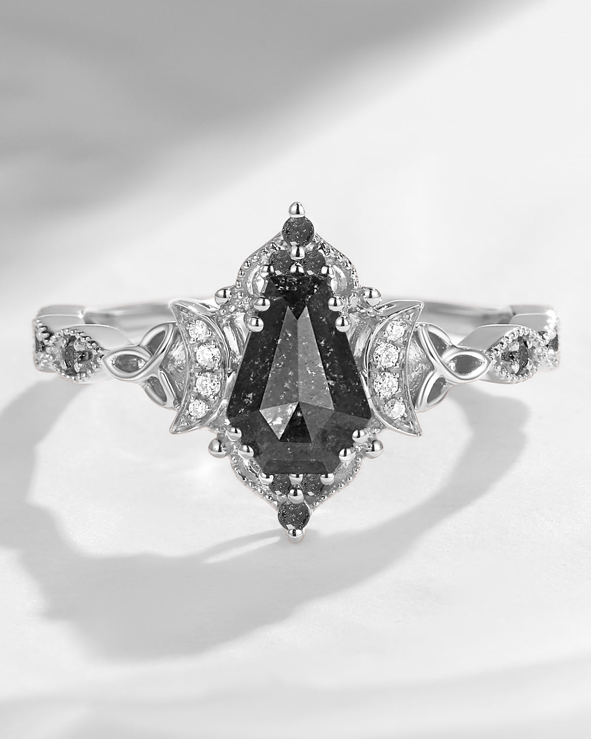 Crescent Moon | Unique Coffin Salt And Pepper Diamond Infinity Celtic Engagement Ring