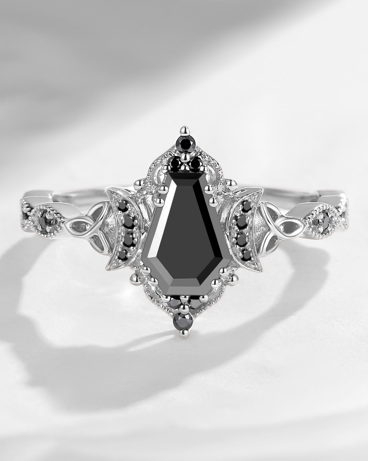 Crescent Moon | Unique Coffin Full Black Moissanite Infinity Celtic Engagement Ring