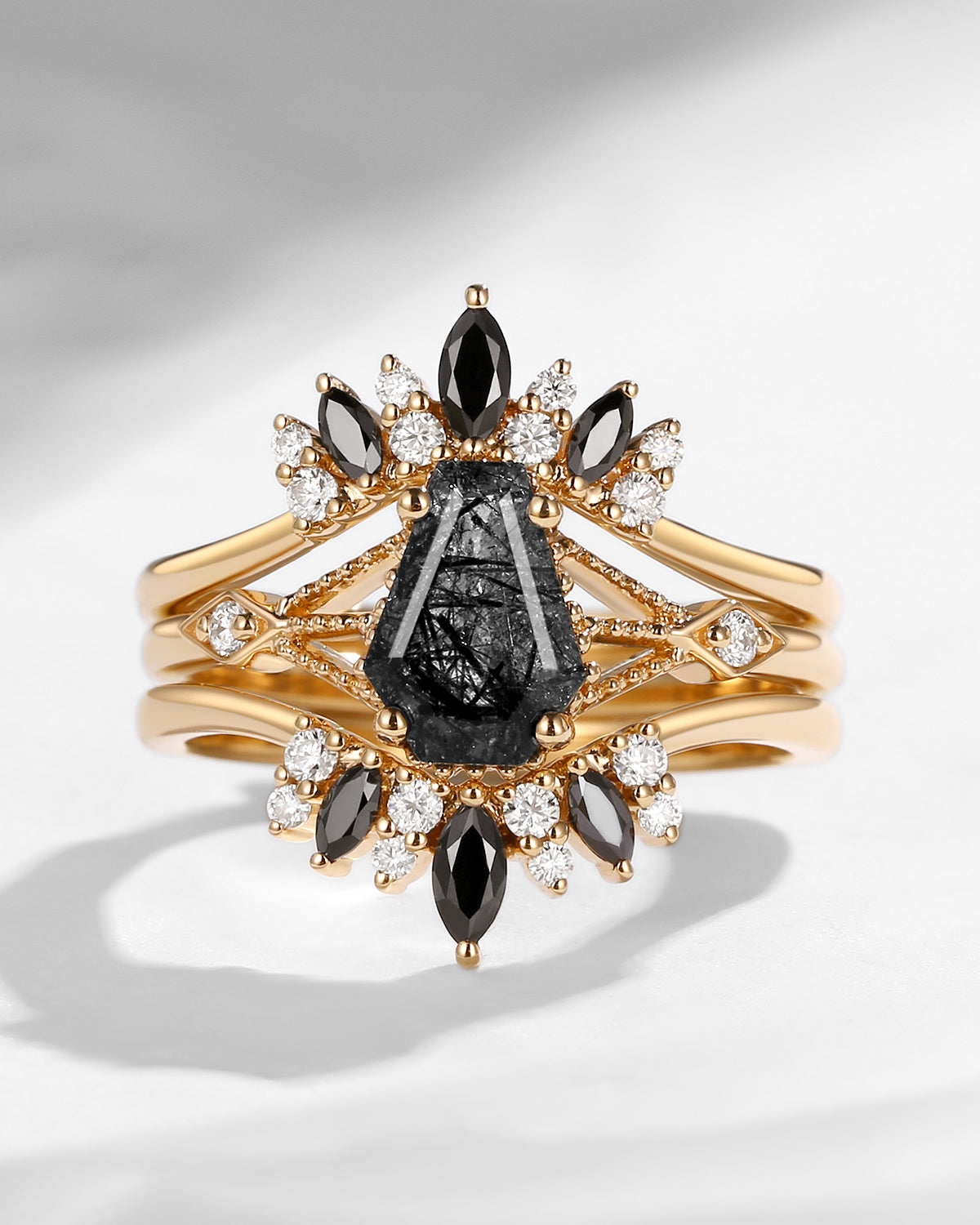 Art Deco Coffin Cut Black Rutilated Quartz Engagement Ring Set 3pcs