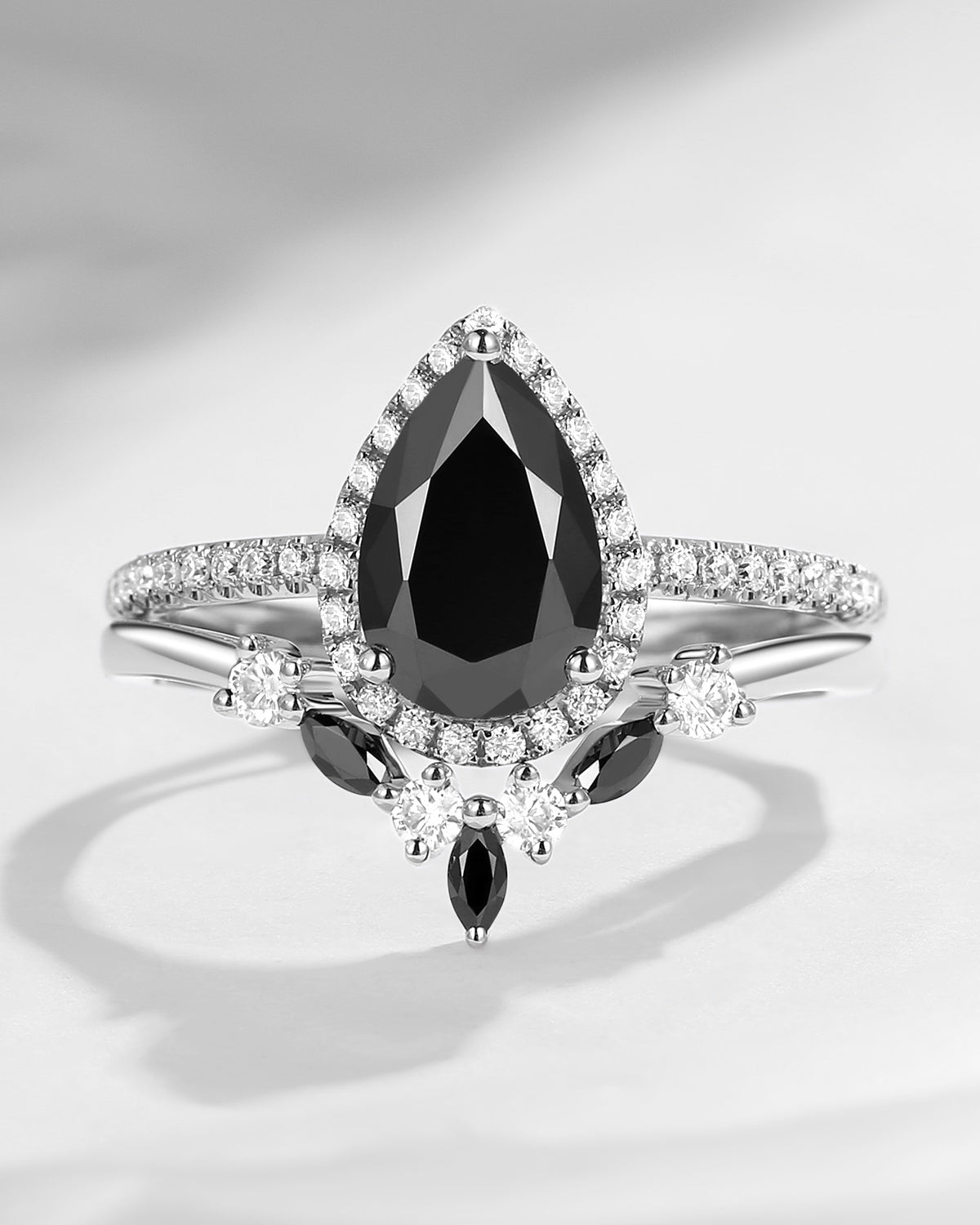 Pear Shaped Black Moissanite Engagement Ring Set