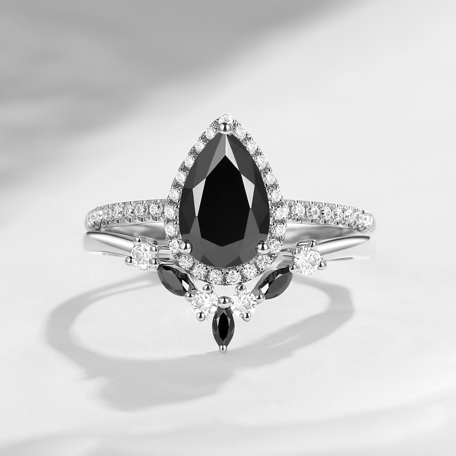 Pear Shaped Black Moissanite Engagement Ring Set