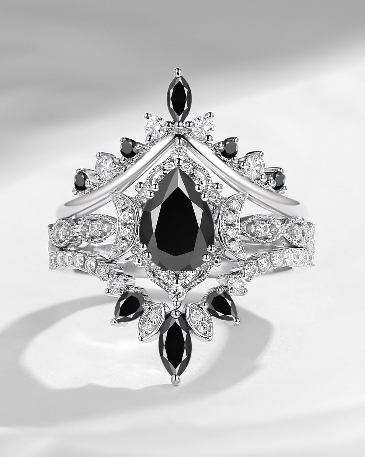 Crescent moon | Antique Pear Cut Black Moissanite Engagement Ring Set 3pcs