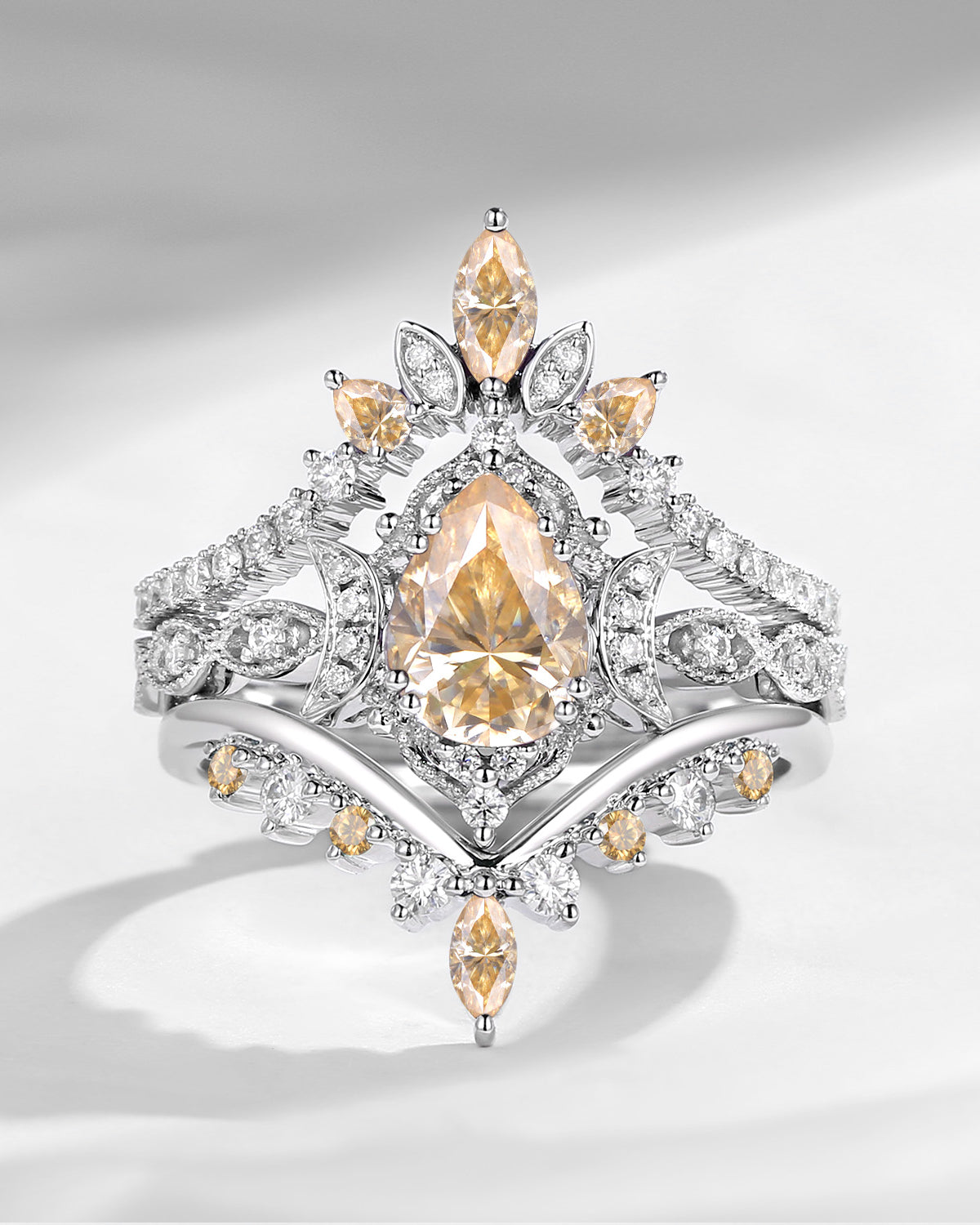 Crescent moon | Antique Pear Cut Yellow Moissanite  Engagement Ring Set 3pcs