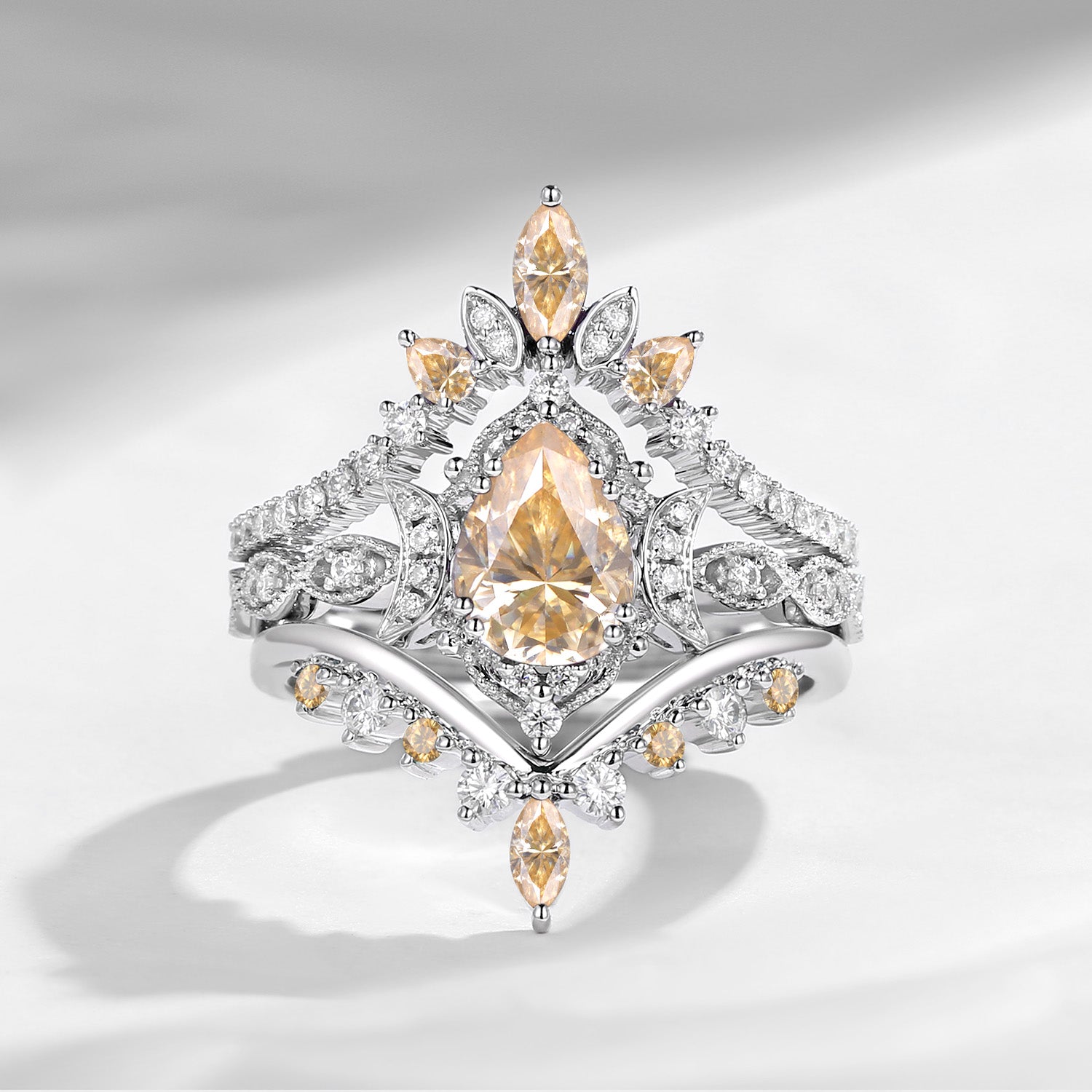 Crescent moon | Antique Pear Cut Yellow Moissanite Engagement Ring Set 3pcs