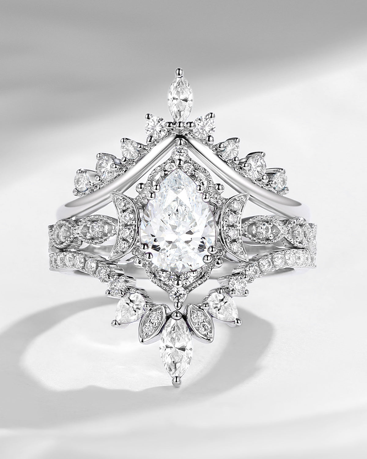 Crescent moon | Antique Pear Cut Lab Diamond Engagement Ring Set 3pcs