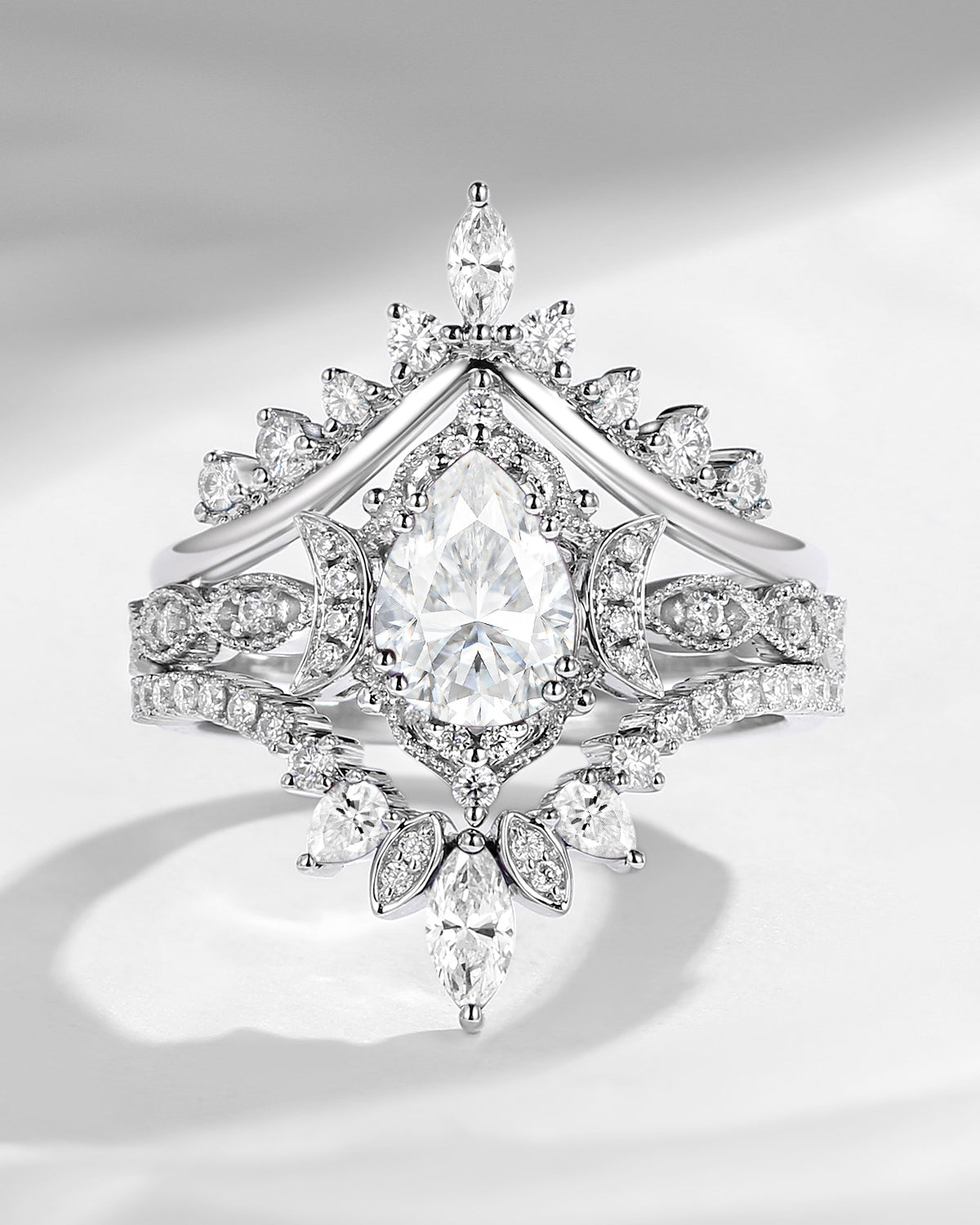 Crescent moon | Antique Pear Cut Moissanite Engagement Ring Set 3pcs