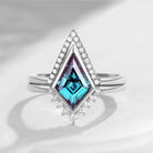 18K Art Deco Kite Shaped Lab Alexandrite Engagement Ring Set 2pcs - Statement