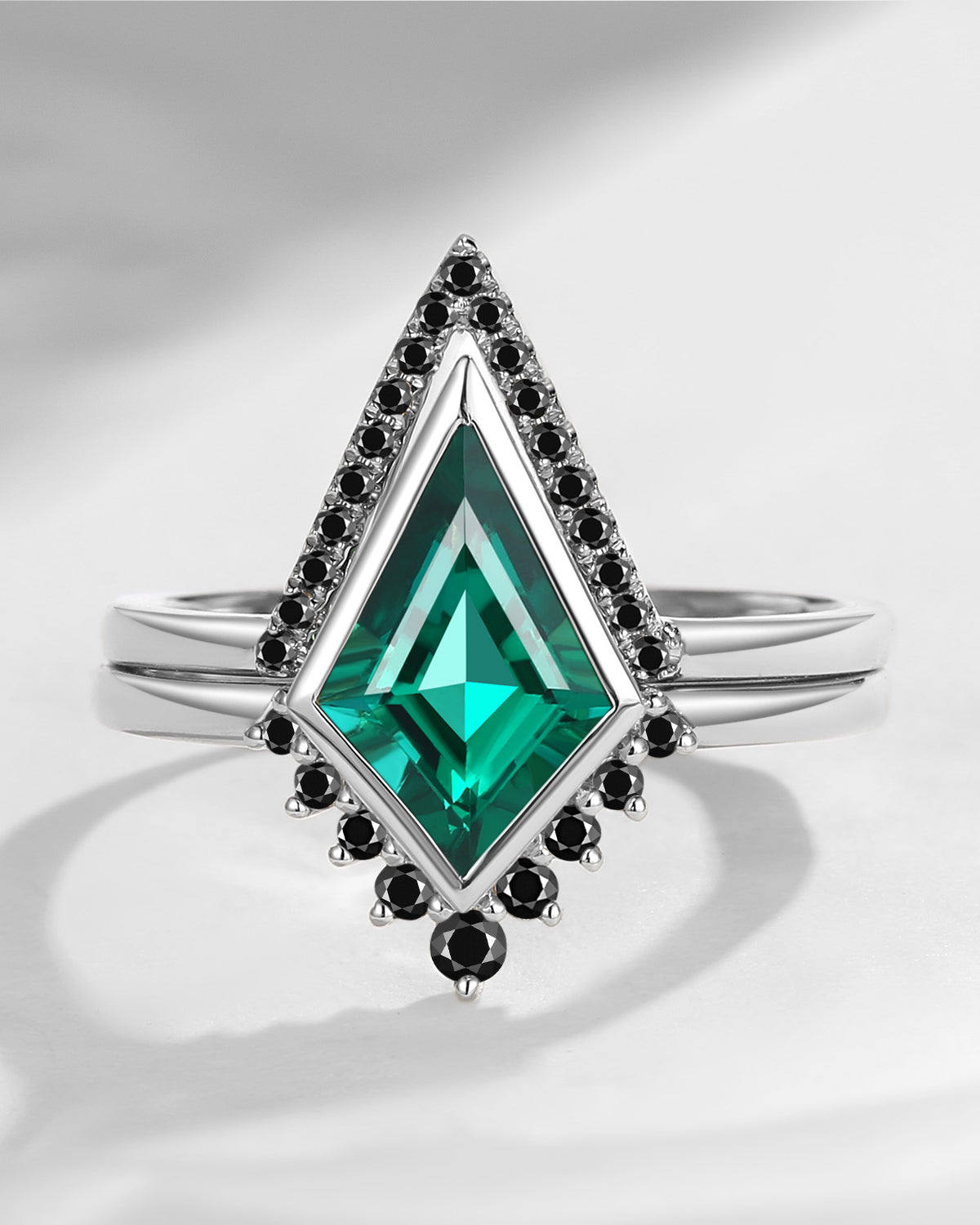 Art Deco Kite Shaped Lab Emerald & Black Moissanite Engagement Ring Set 2pcs - Statement