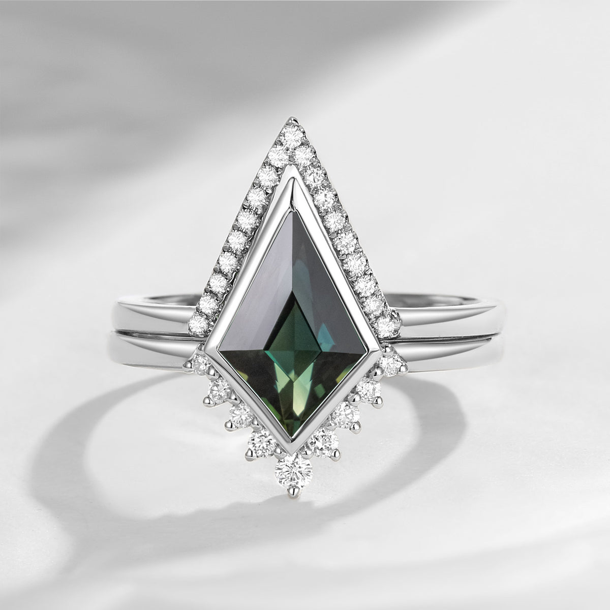 'Statement' - Art Deco Kite Cut Natural Teal Sapphire Engagement Ring Set