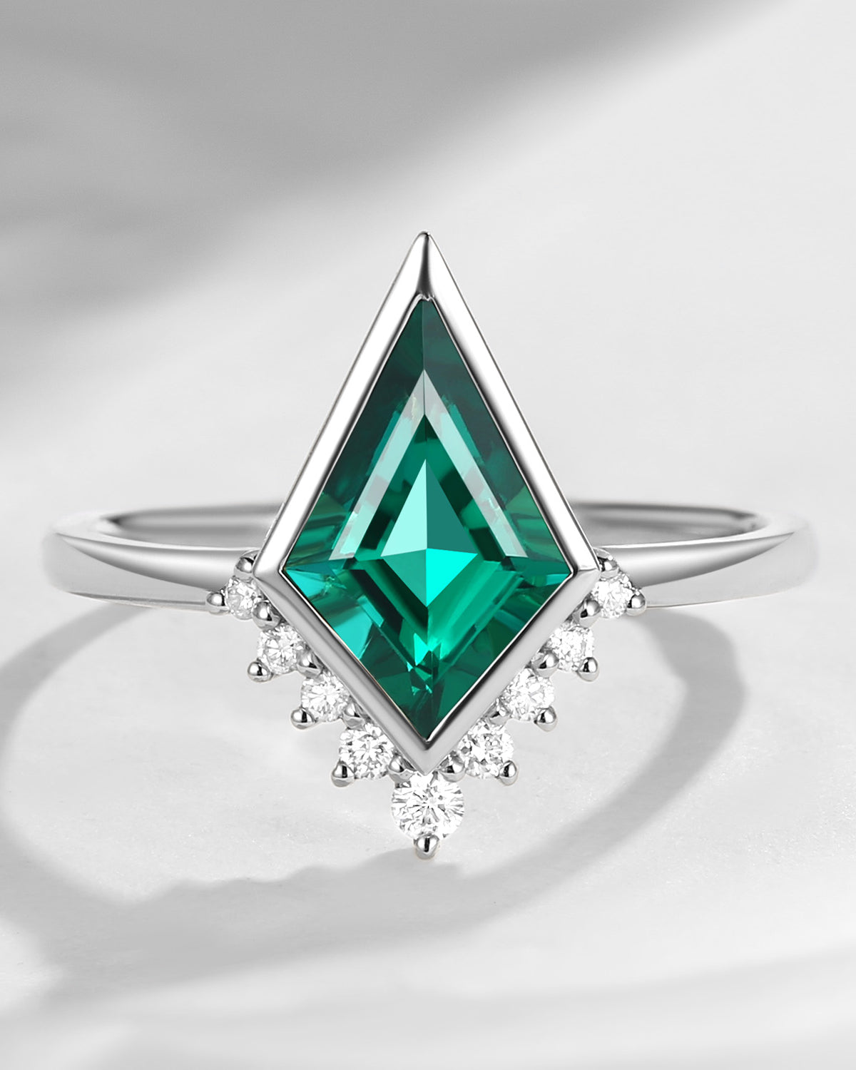 Kite Shaped Engagement Ring White Gold Lab Emerald Unique Unique Art Deco Bezel Set Galaxy Ring