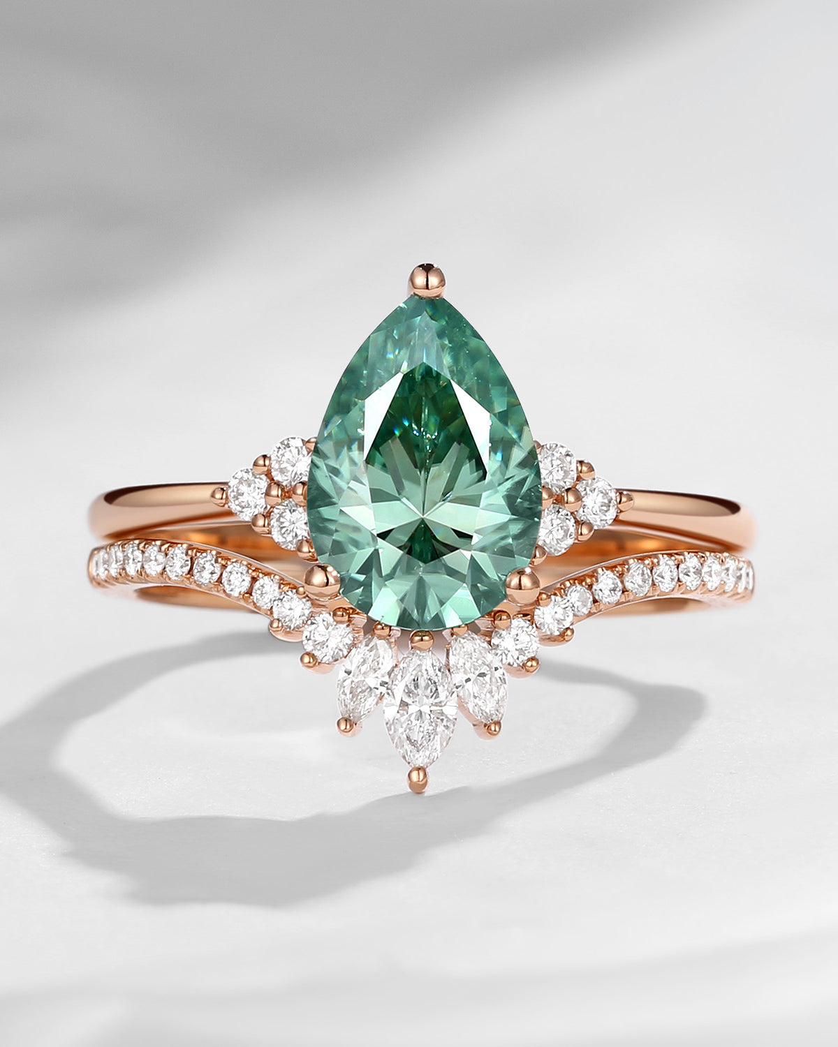 Pear Cut Green Moissanite Engagement Ring Set 2pcs - Vivian