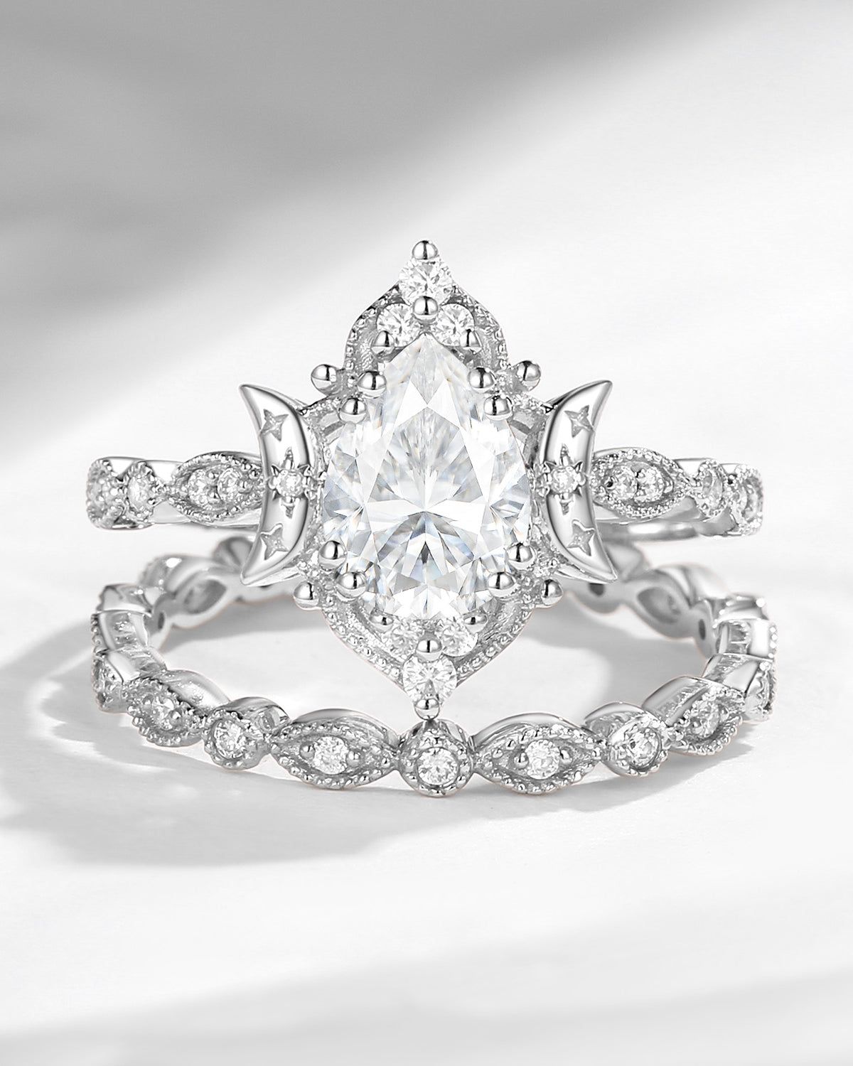 Crescent Moon | Vintage Pear Cut Moissanite 'Moons & Stars' Engagement Ring 2pcs