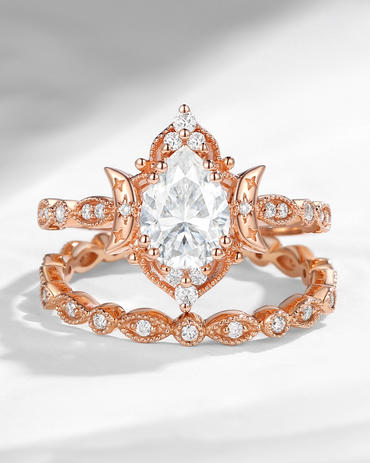 Crescent Moon | Vintage Pear Cut Moissanite 'Moons & Stars' Engagement Ring 2pcs