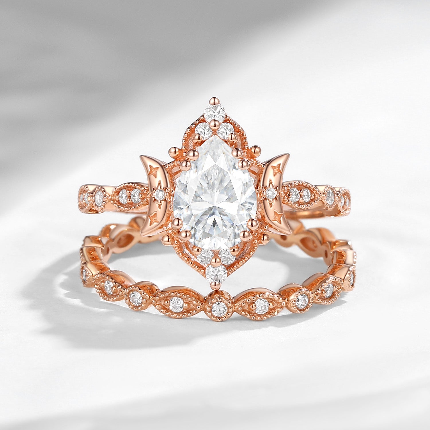 Crescent Moon | Vintage Pear Cut Moissanite 'Moons & Stars' Engagement Ring 2pcs