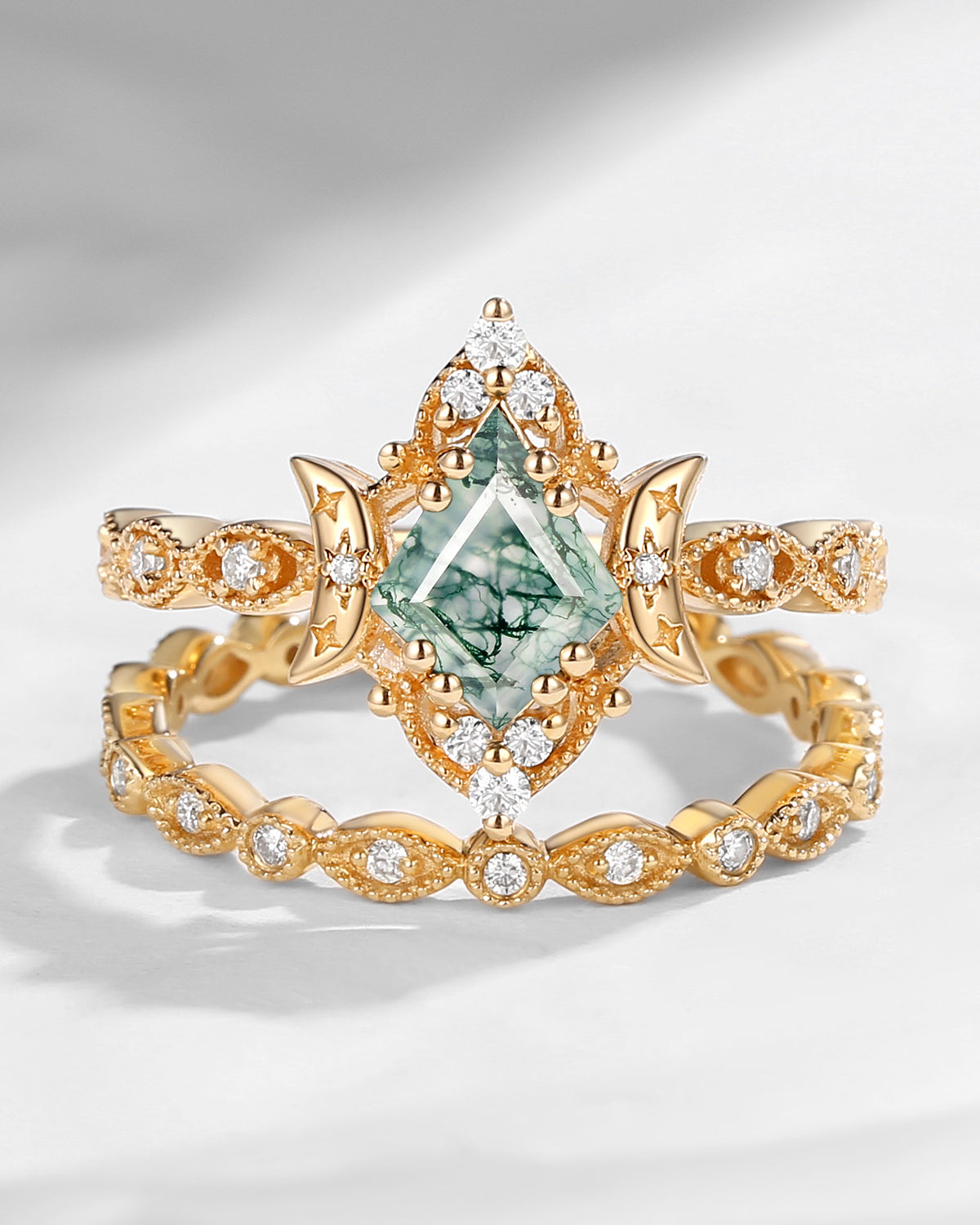 Crescent Moon | Vintage Kite Cut Moss Agate 'Moons & Stars'  Engagement Ring 2pcs