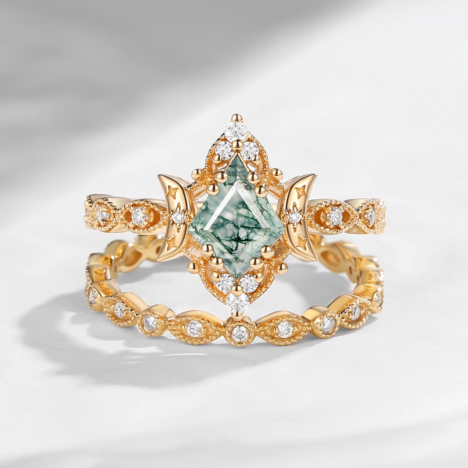 Crescent Moon | Vintage Kite Cut Moss Agate 'Moons & Stars' Engagement Ring 2pcs