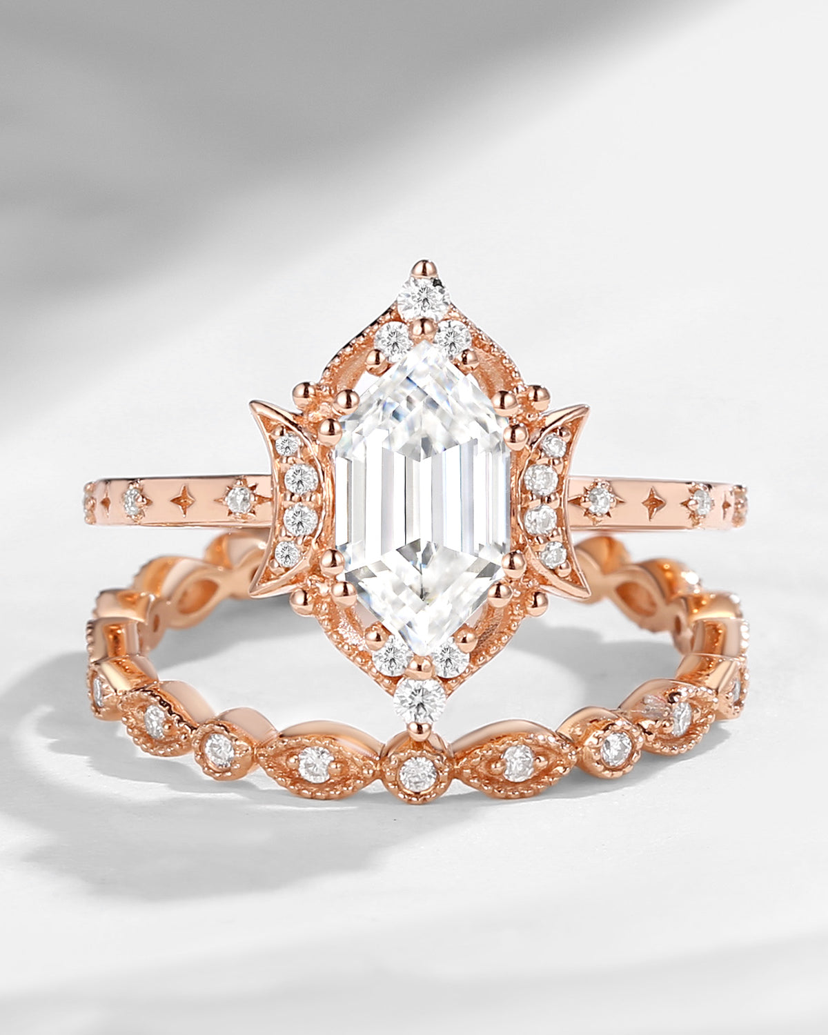 Crescent moon | Long Hexagon Moissanite Star Band Engagement Ring 2pcs