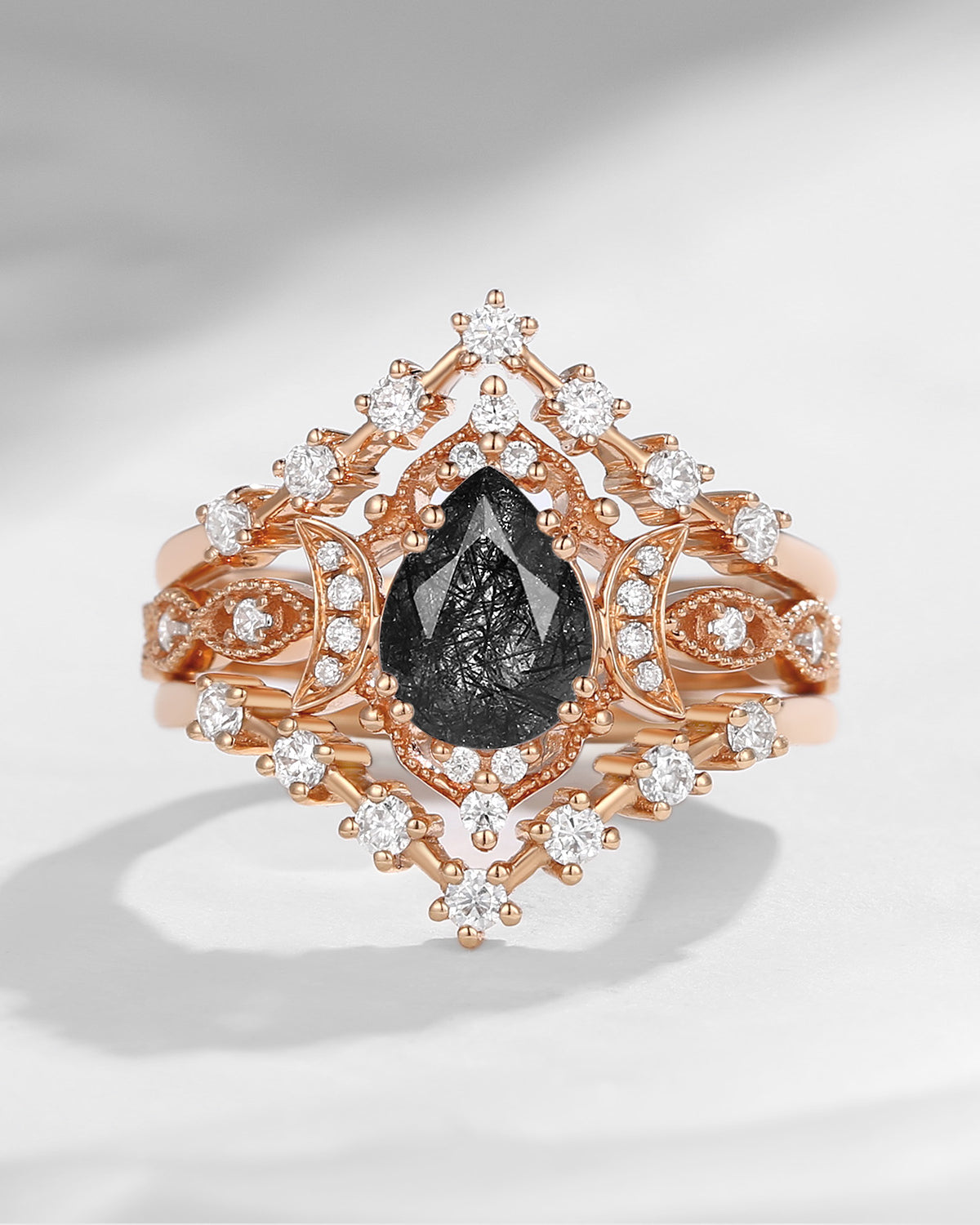 Crescent moon |Vintage  Black Rutilated Quartz Galaxy Bridal Set