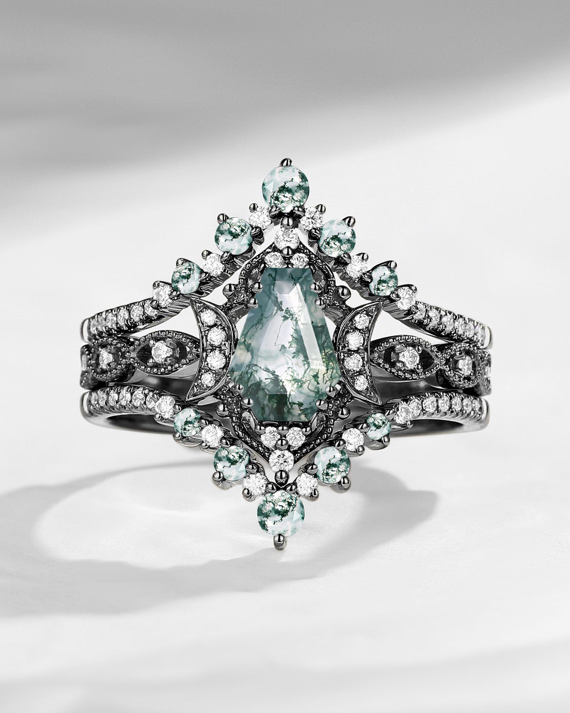 Crescent Moon | Coffin Moss Agate Black Gold Engagement Ring 3pcs 18k - Till Death Do Us Apart