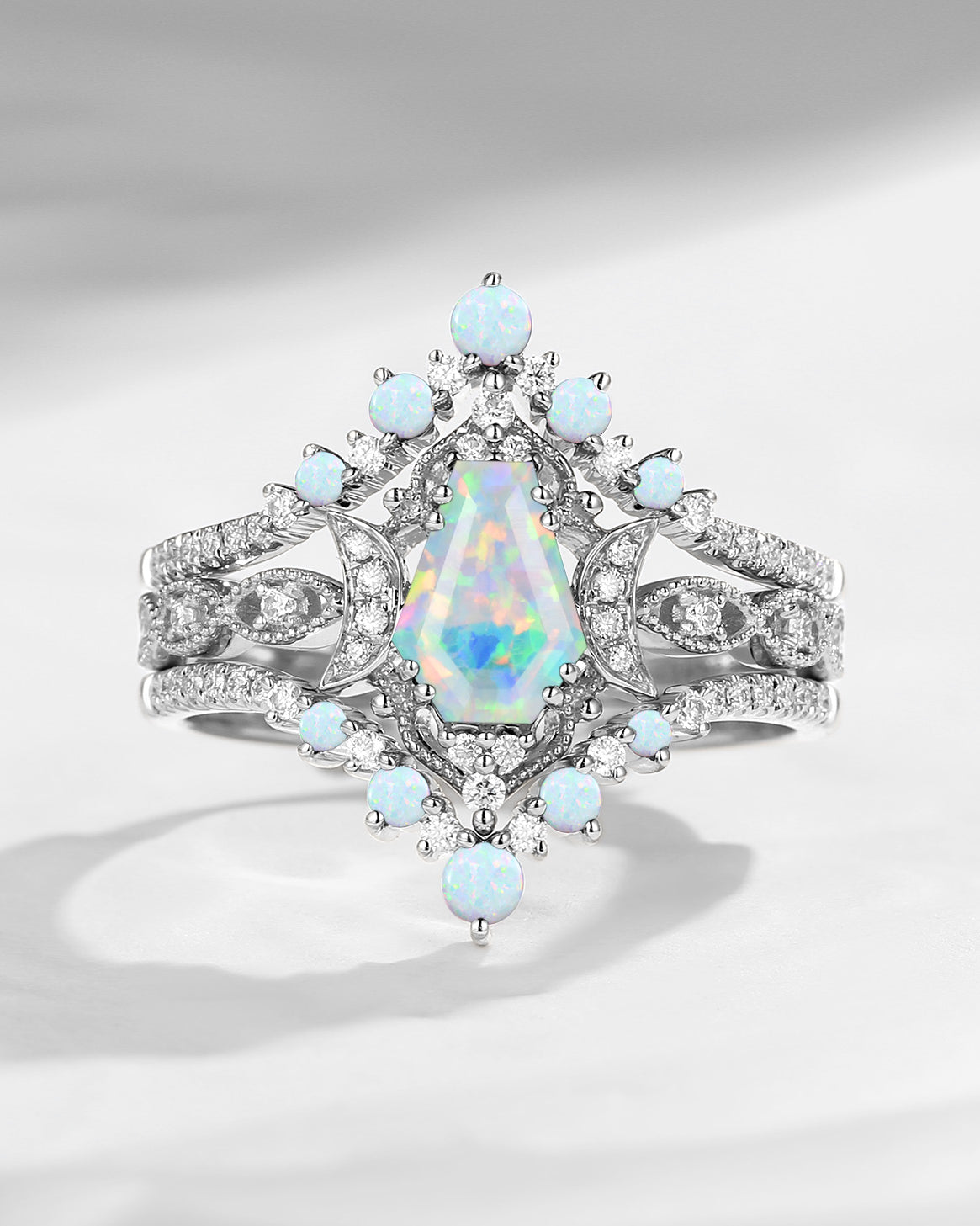 Crescent Moon | Coffin Cut Lab Opal Ring 3pcs - Till Death Do Us Apart Moon Engagement Rin