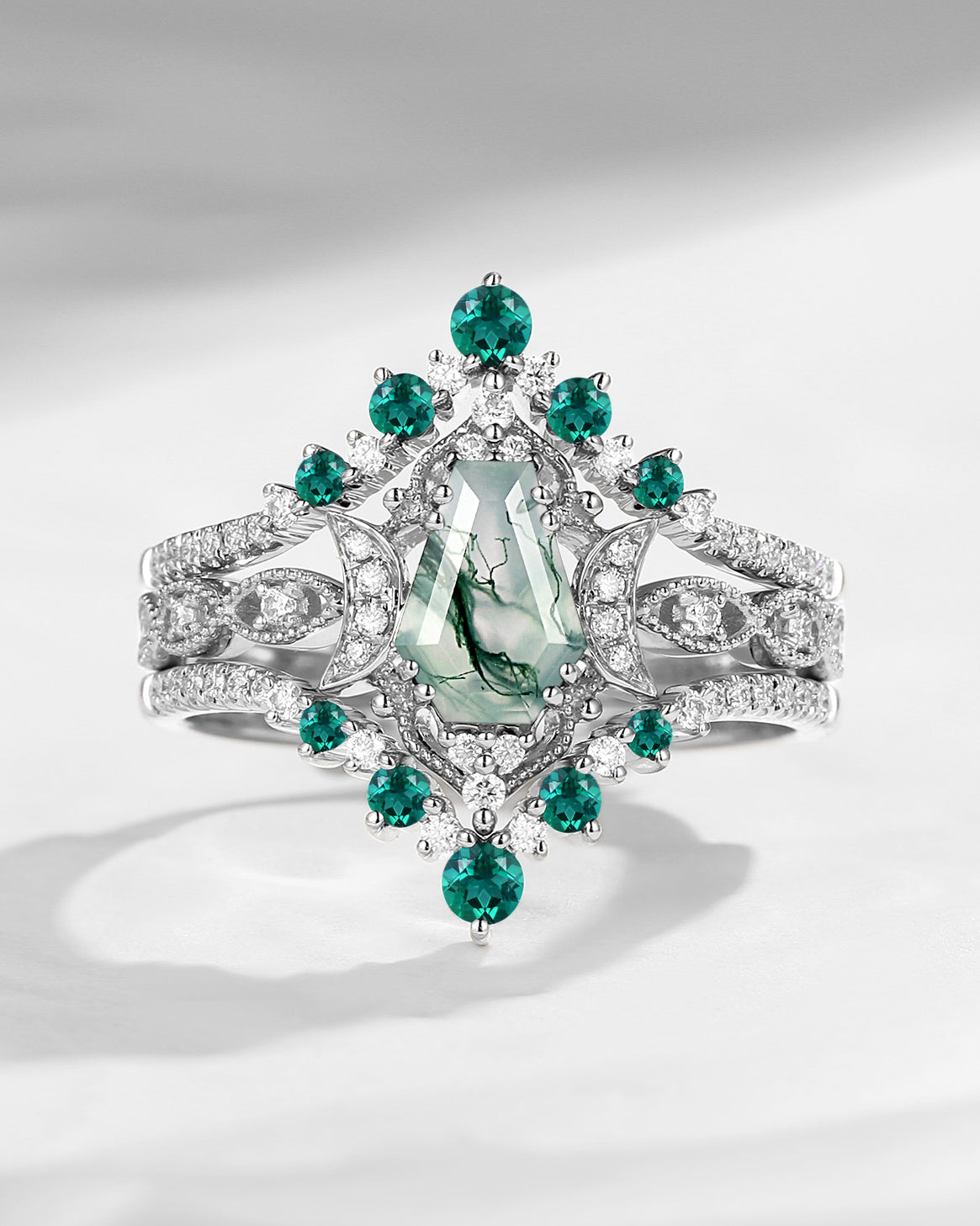 Crescent Moon | Coffin Cut Moss Agate Ring 3pcs - Till Death Do Us Apart Moon Engagement Ring 