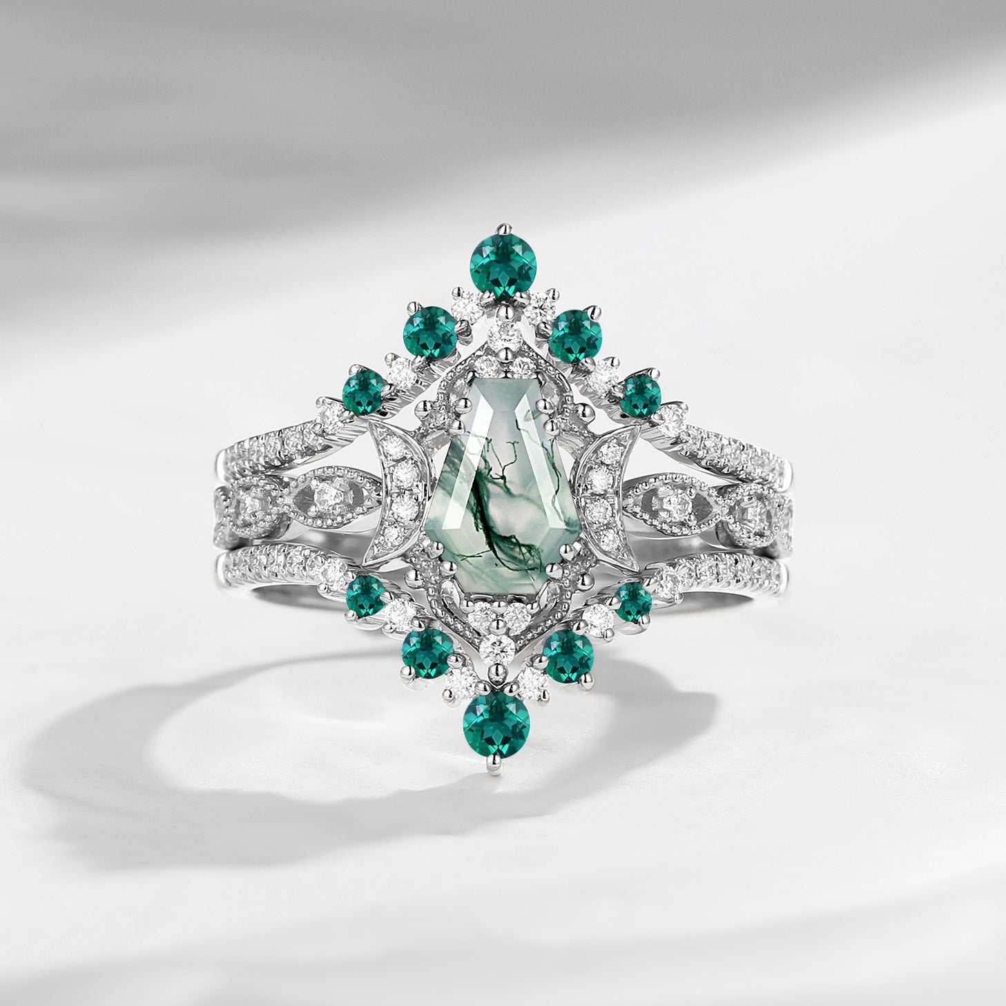 Crescent Moon | Coffin Cut Moss Agate Ring 3pcs - Till Death Do Us Apart Moon Engagement Ring 