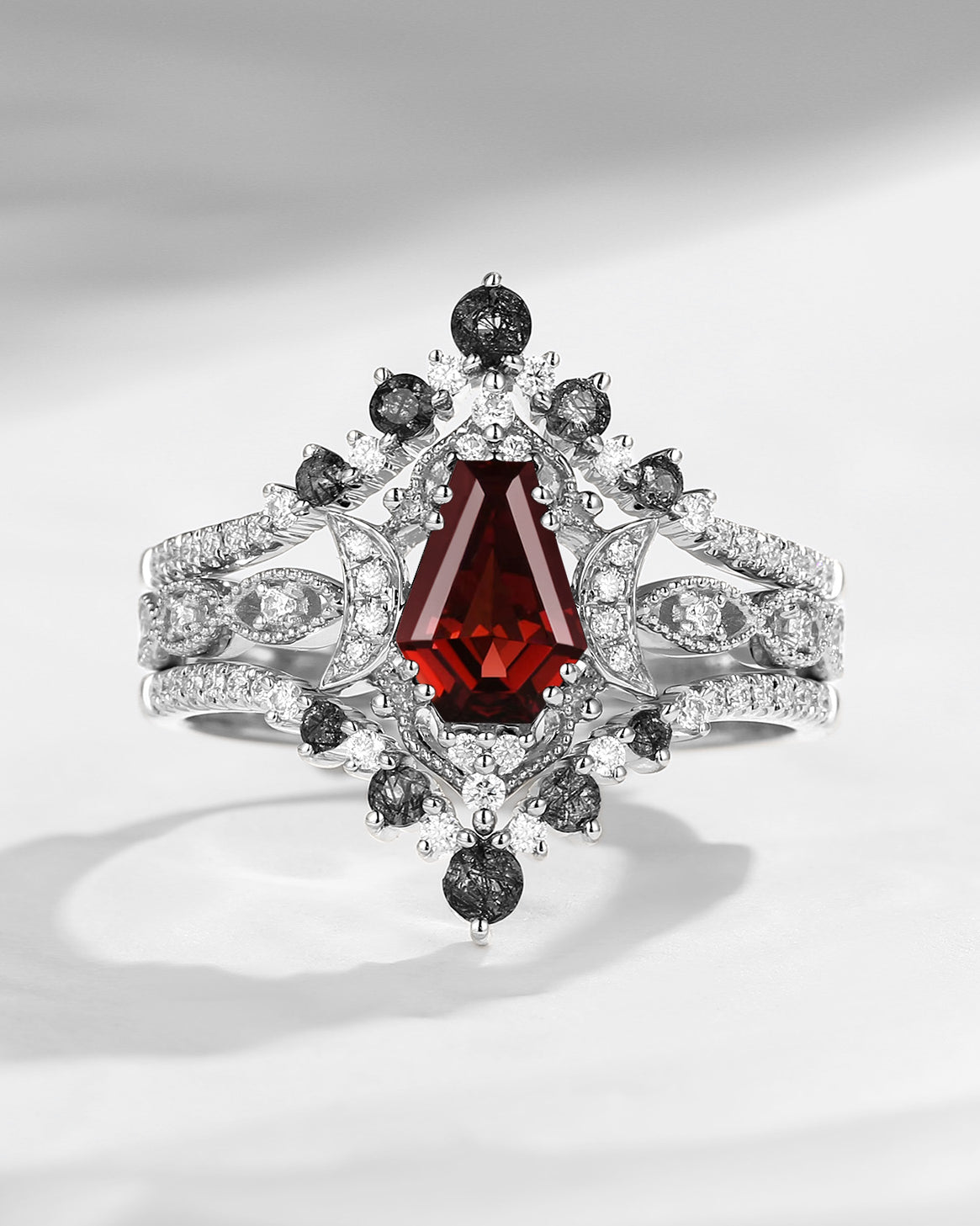 Coffin Cut Garnet Ring 3pcs - Till Death Do Us Apart Moon Engagement Ring 