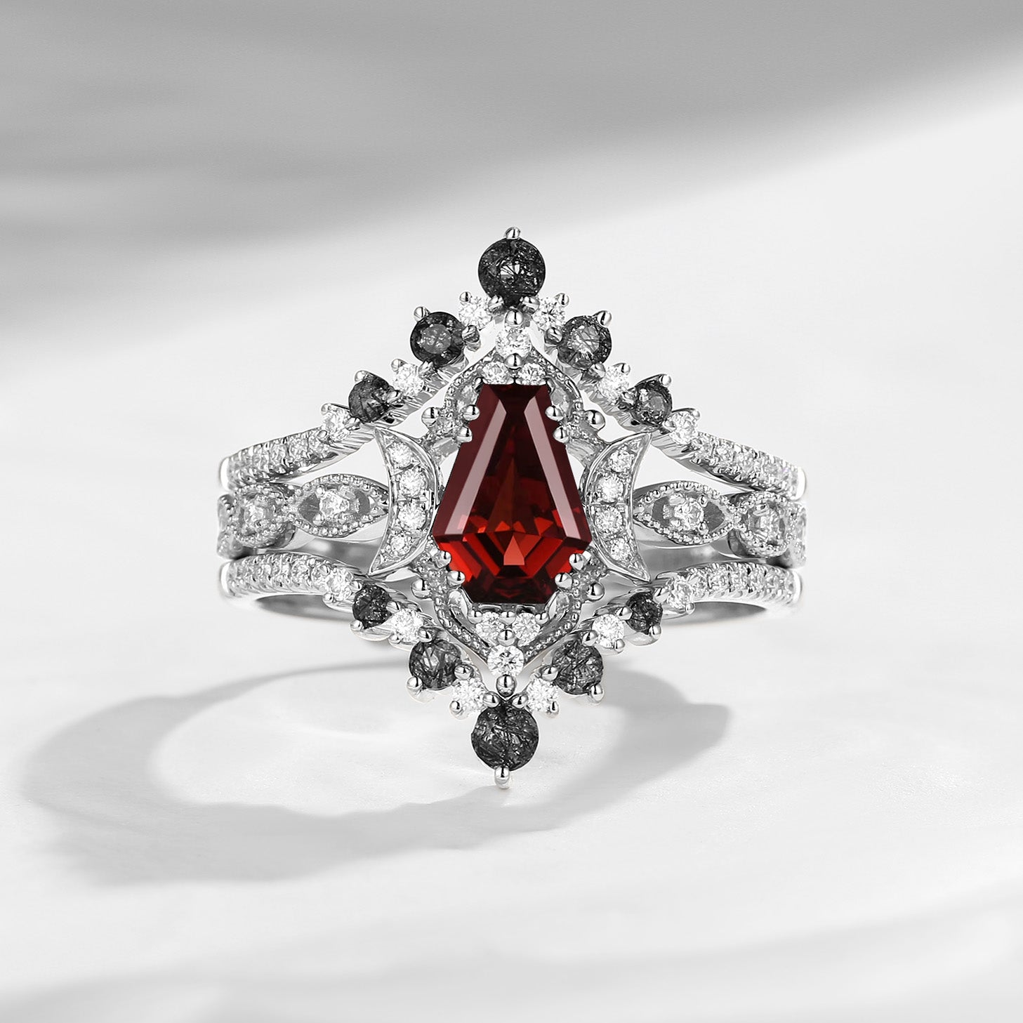 Coffin Cut Garnet Ring 3pcs - Till Death Do Us Apart Moon Engagement Ring 