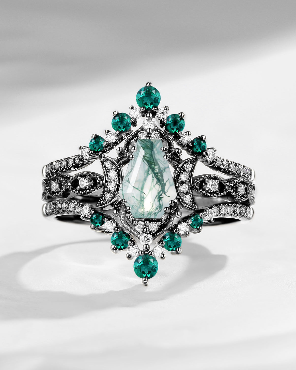 Crescent Moon | Coffin Moss Agate & Lab Emerald 'Black Statement' Ring Set 3pcs