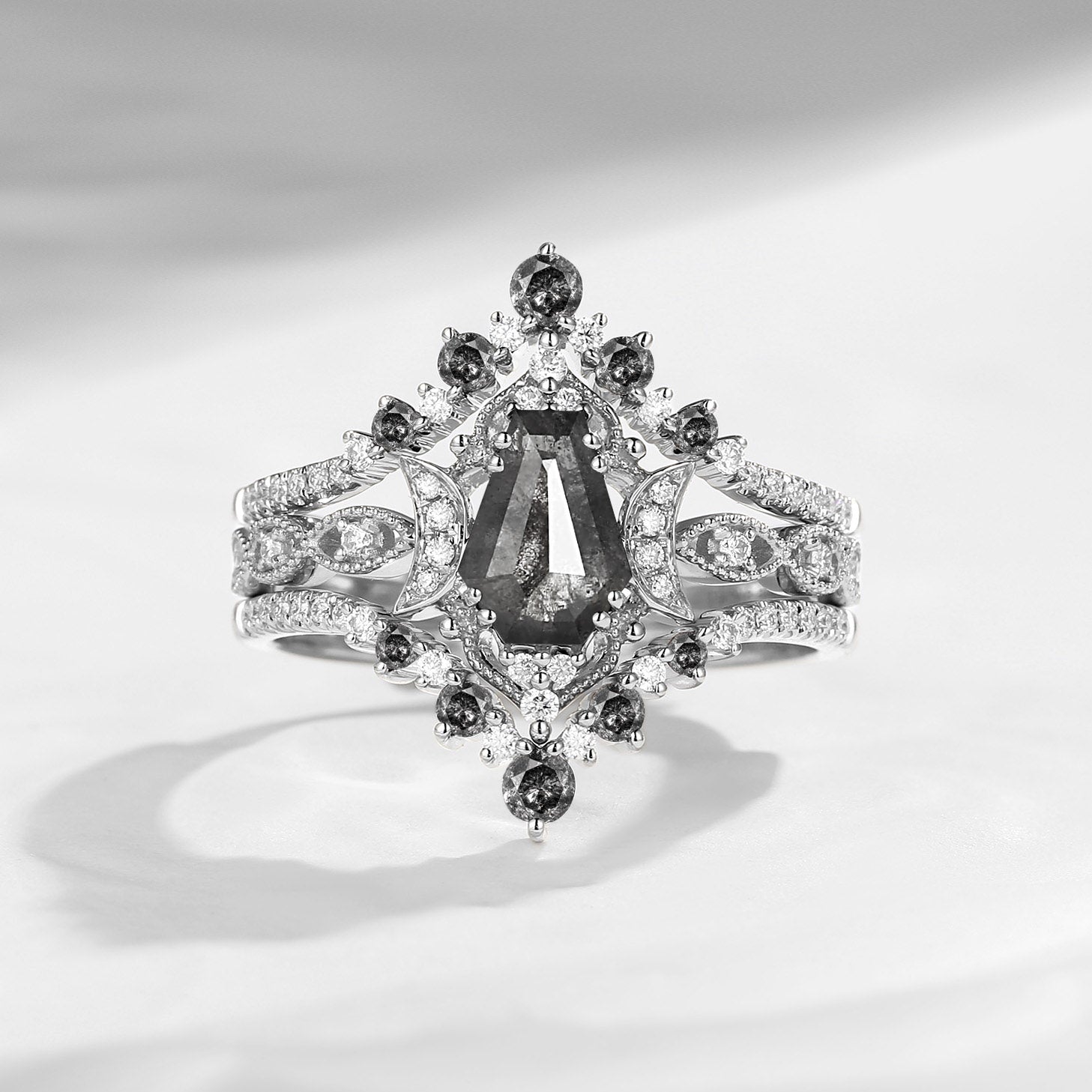 Crescent Moon | Coffin Cut Salt And Pepper Diamond Engagement Ring Set 3pcs - Till Death Do Us Part