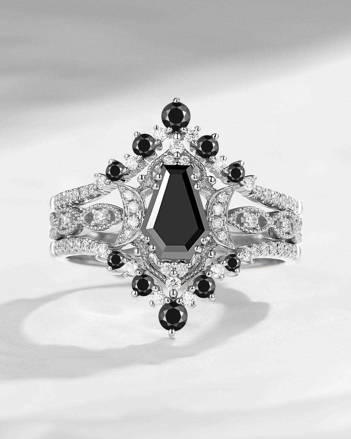 Coffin Black Moissanite Crescent Engagement Ring 3pcs