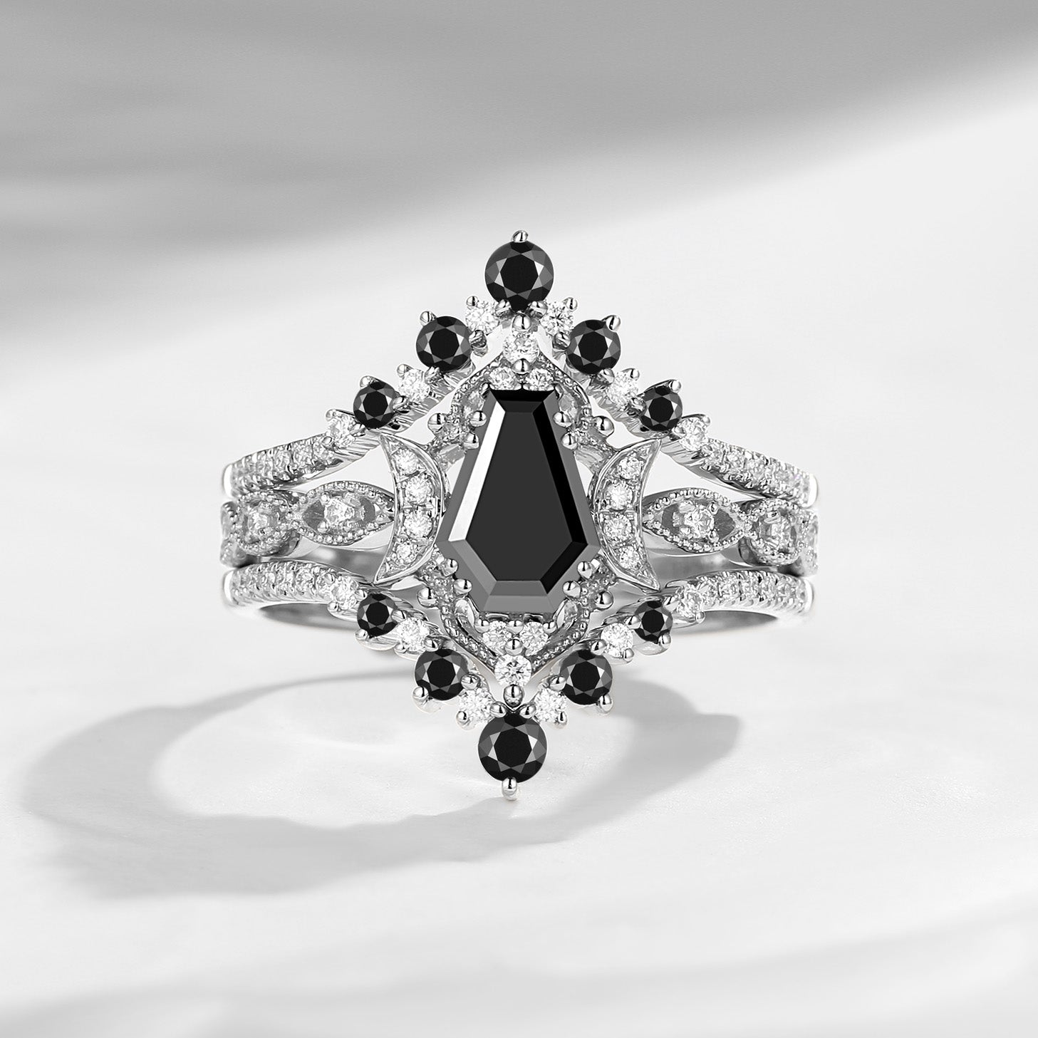 Coffin Black Moissanite Crescent Engagement Ring 3pcs