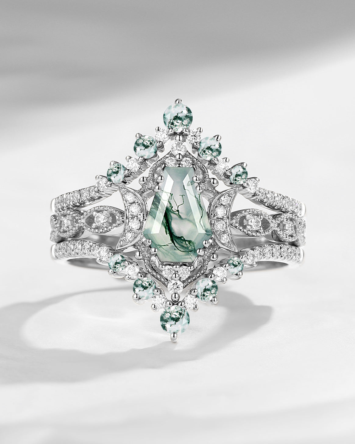 Crescent Moon | Coffin Cut Moss Agate Ring 3pcs - Till Death Do Us Apart Moon Engagement Ring 