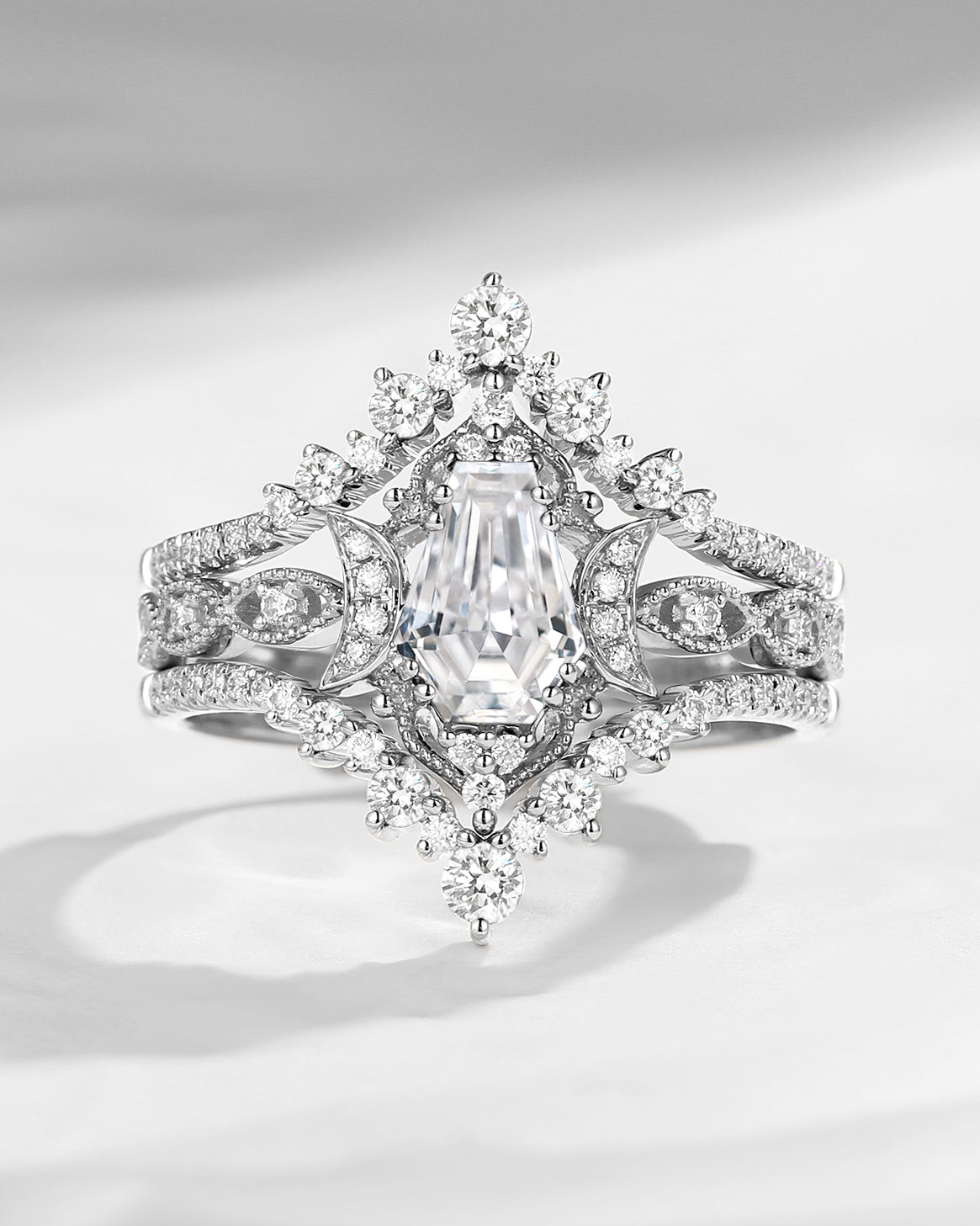 Coffin Moissanite Crescent Engagement Ring 3pcs