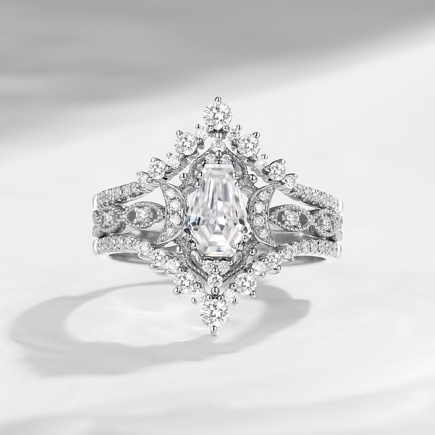 Coffin Moissanite Crescent Engagement Ring 3pcs