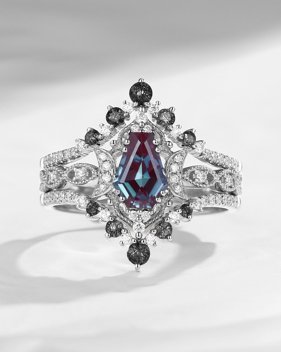 Coffin Cut Lab Alexandrite Ring 3pcs White Gold Moon Engagement Ring Black Rutilated Quartz Crystal Engagement Ring