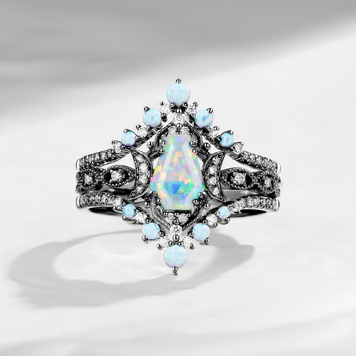 Crescent Moon | Coffin Cut Lab Opal 'Black Statement' Ring Set 3pcs