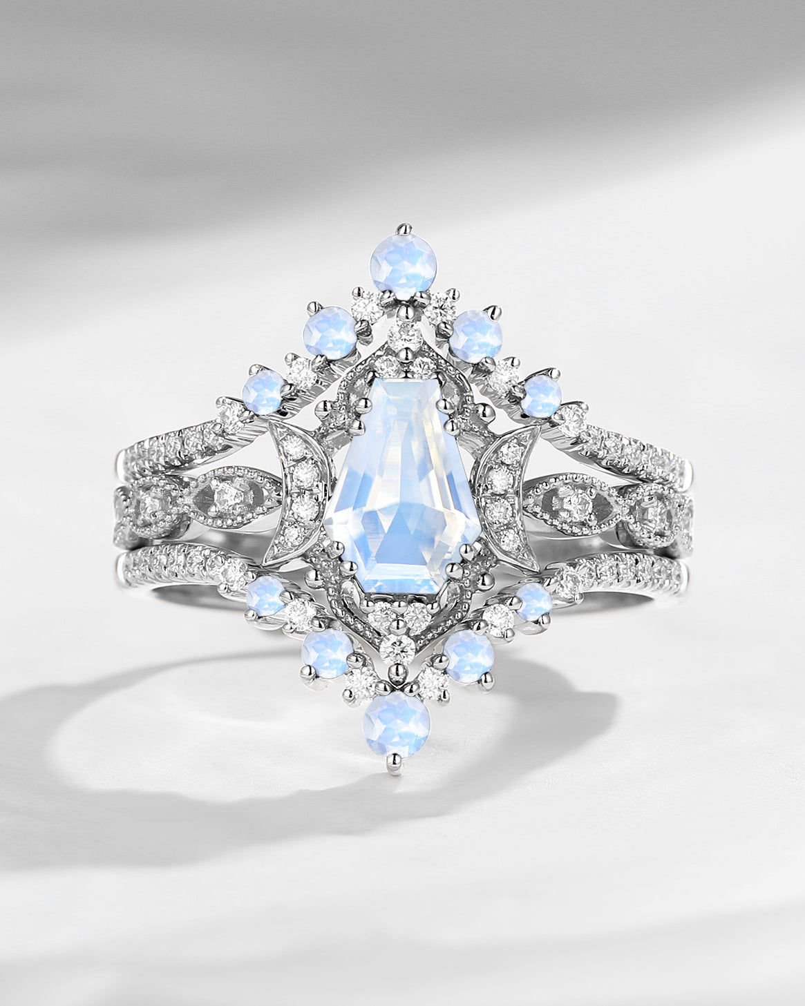 Crescent Moon | Till Death Do US Apart Coffin Moonstone Crescent Engagement Ring 3pcs