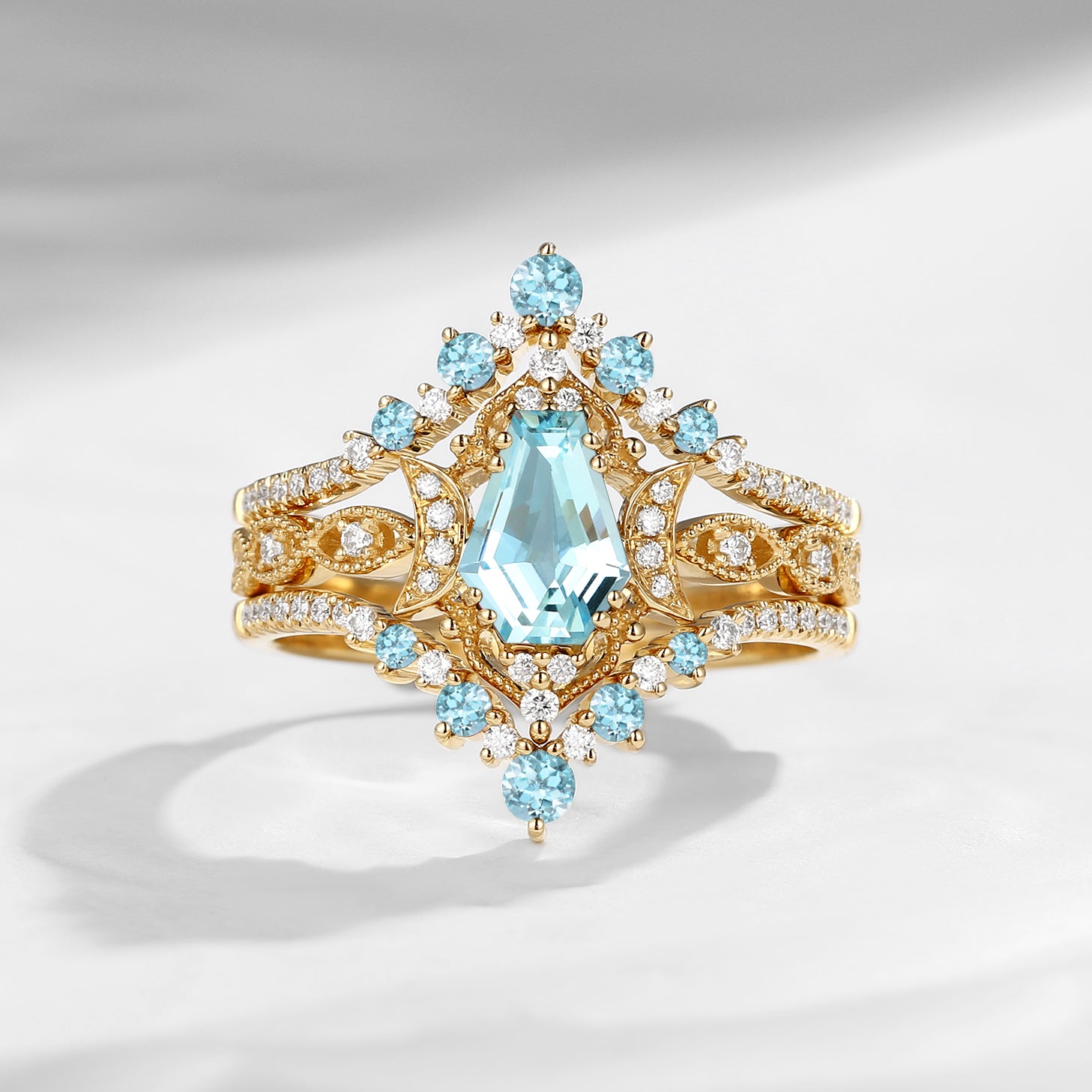 Crescent Moon | Coffin Natural Aquamarine Crescent Engagement Ring 3pcs - Till Death Do US Apart